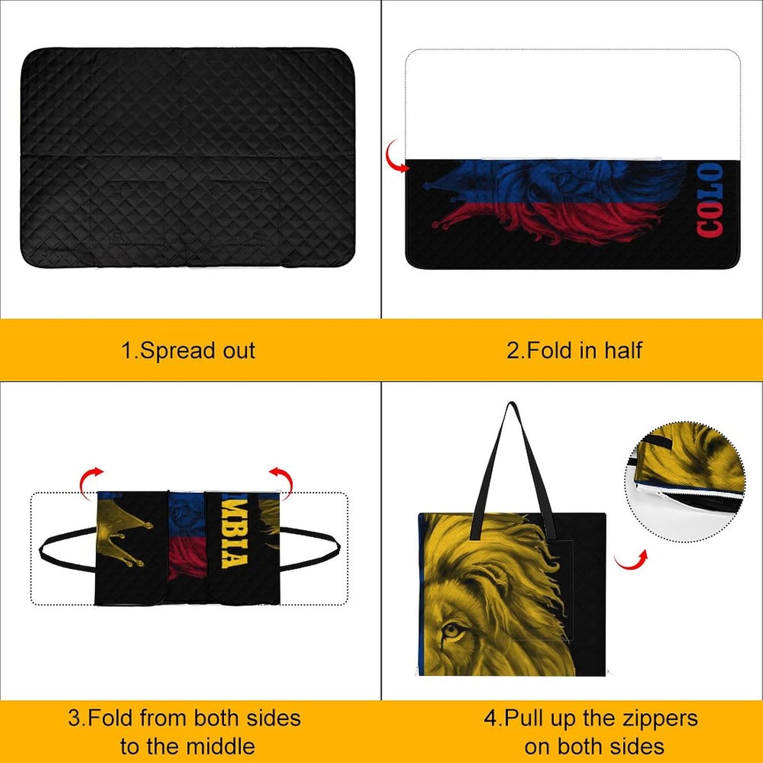 King Lion Colombia Flag Picnic Blankets,Portable Waterproof Foldable Picnic Mat,Sandproof Outdoor Mat for Park Picnic Blanket Accessories for Adults