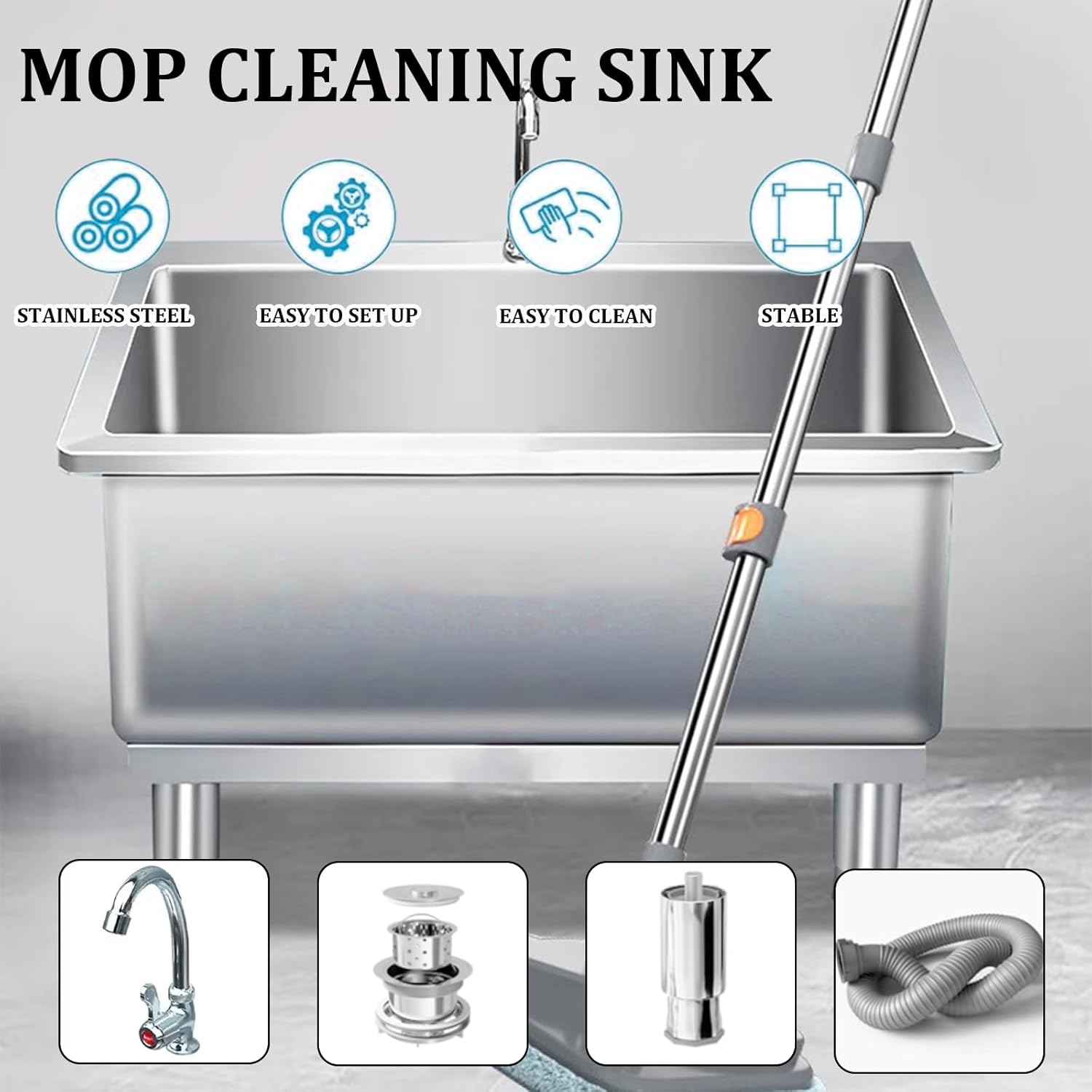 Commercial Stainless Steel Mop Sink with Faucet, Floor-Standing Utility Service Basin Mop Bucket for Kitchen, Garage, Laundry & Workshop(Size:80x40cm /31.4x15.7in,Color:Silver)