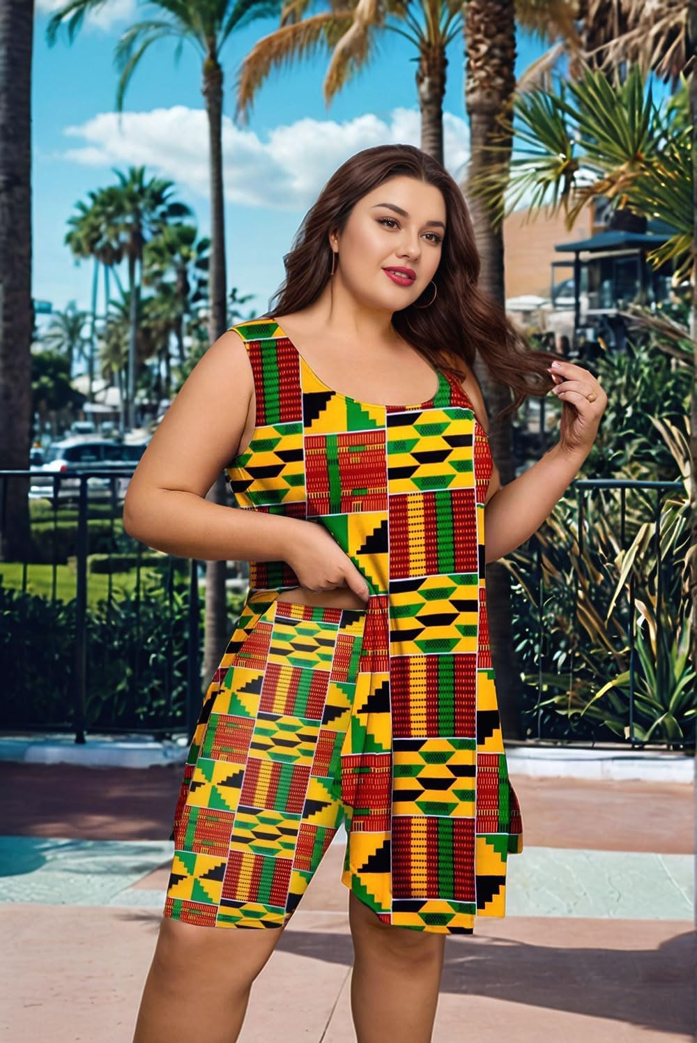 Women Plus Size African Print 2 Piece Summer Set, Sleeveless Waist Cinching Top & Stretch Biker Shorts, Kente Pattern Casual - Image 7