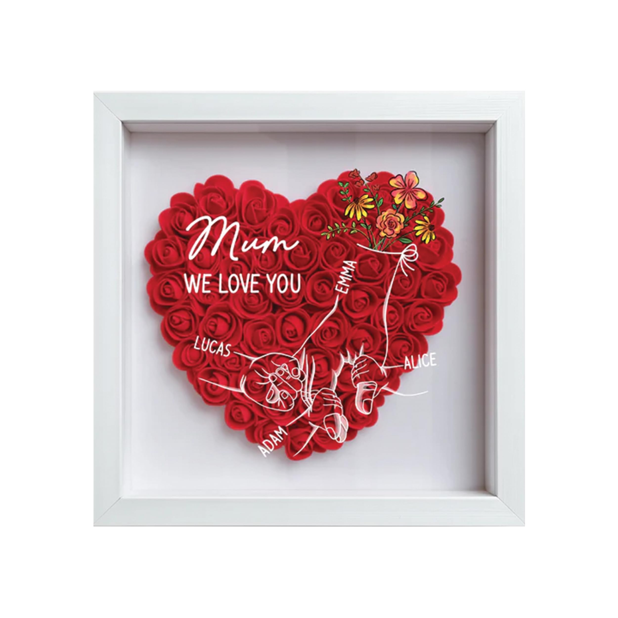 Personal Chic Personalised Flower Shadow Box - Mummy's Gang - Mother's Day Flowers, Gift Box For Mum, Mum Gifts, Heart Shaped Gift Box, Pressed Flower Frame (Model #4)