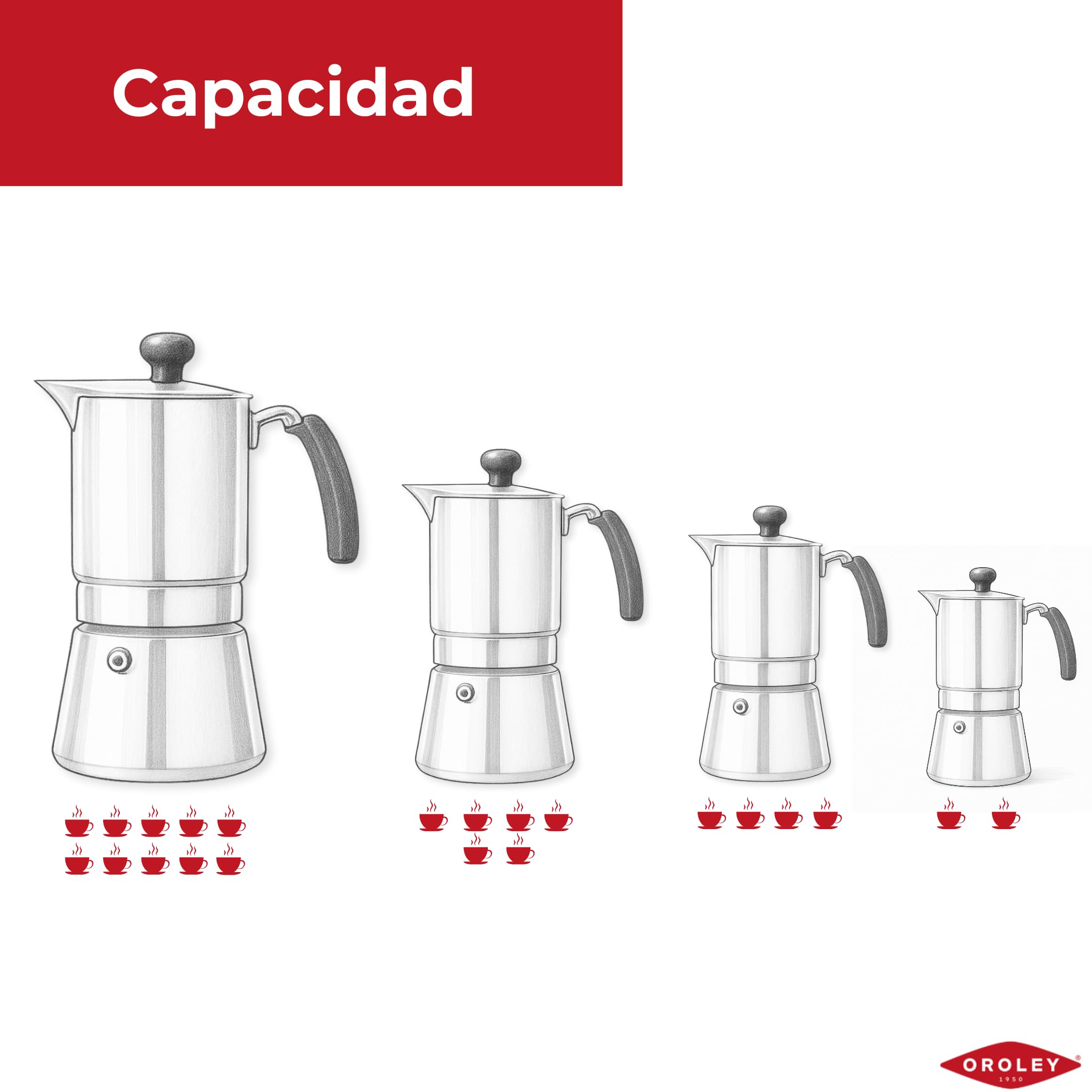 Oroley - Cafetera Italiana Arges | Acero Inoxidable | 2-4 - 6-9 Tazas | Cafetera Inducción, Vitrocerámica, Fuego y Gas | Estilo Tradicional (9 Tazas)