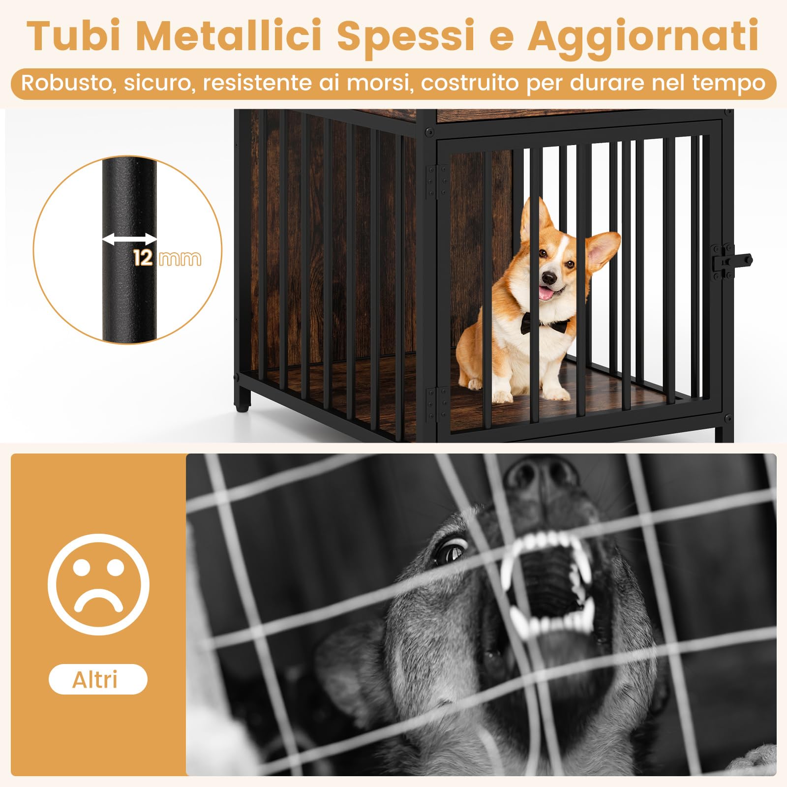 COSTWAY Gabbia per Cani con Stazione di Ricarica e Armadietto Multiuso | Cuccia per Cani in Legno con 2 Prese AC, 2 Porte USB e 1 Porta Type-C, Cassetto e Tubi Metallici, 81 x 37 x 115 cm