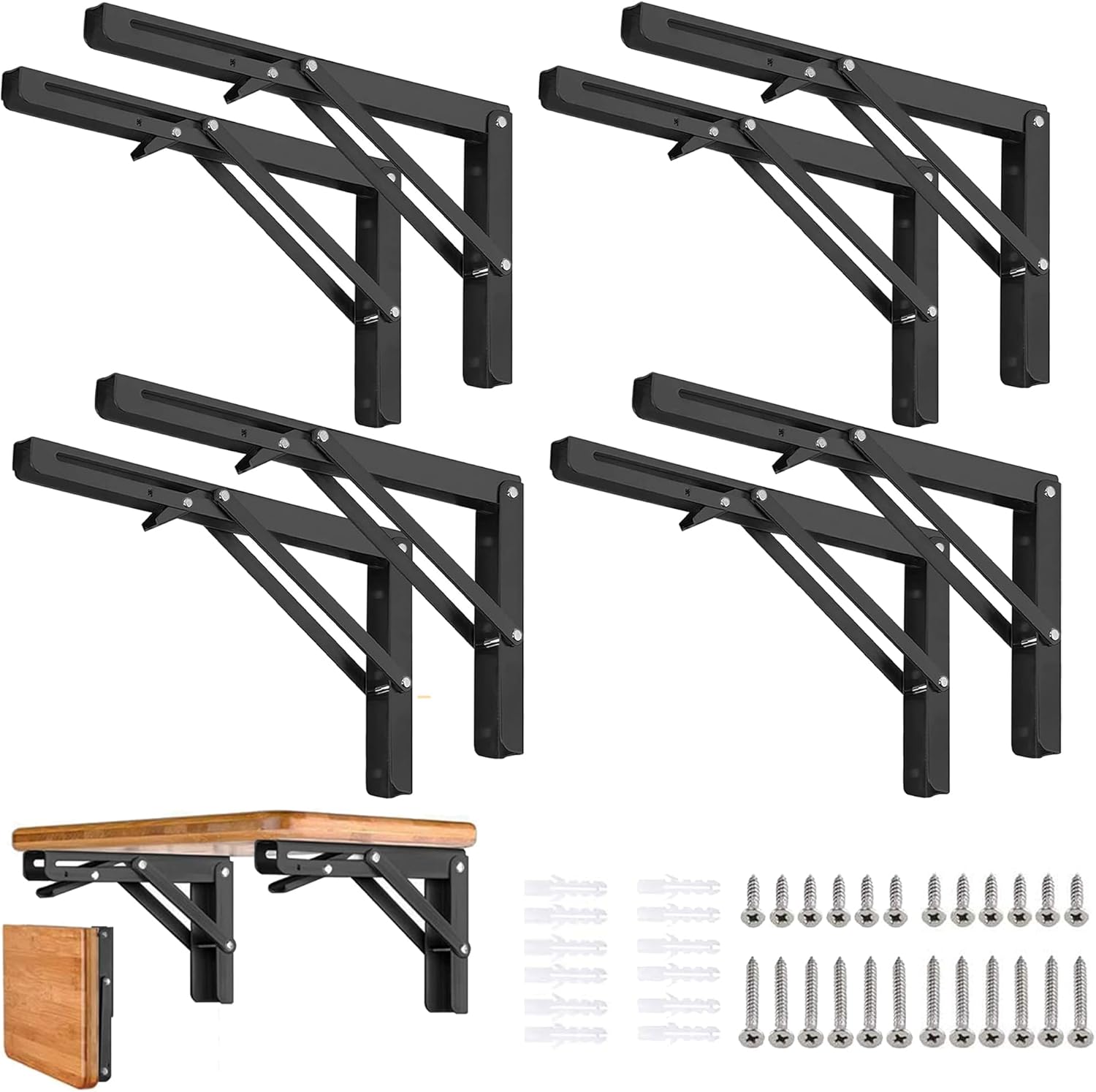Folding Shelf Brackets 10 inch 8 Pcs - DIY Wall Mounted Shelf Bracket for Garage Workstation, Stuff Supports, Plant Stand - Heavy Duty Metal Collapsible Floating Shelf Bracket Black