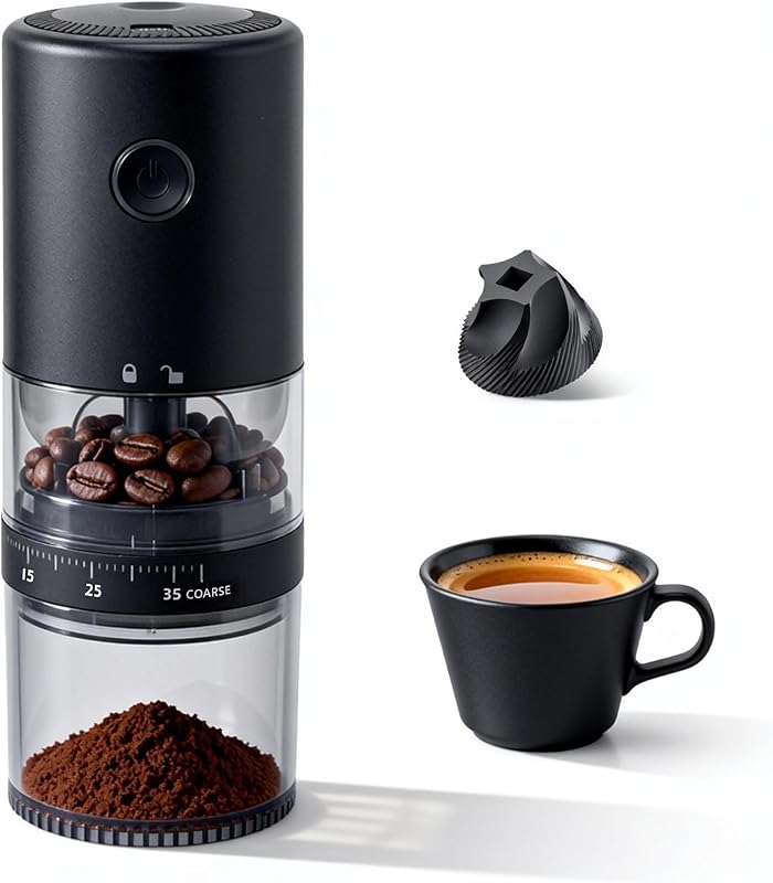 Portable Electric Burr Coffee Grinder, E96T, Matte Black | Grind While Charging, Visual Bean Hopper, 38 External Grind Settings, 1.8X Faster Grinding, 2000 mAh Battery, Ceramic Burr