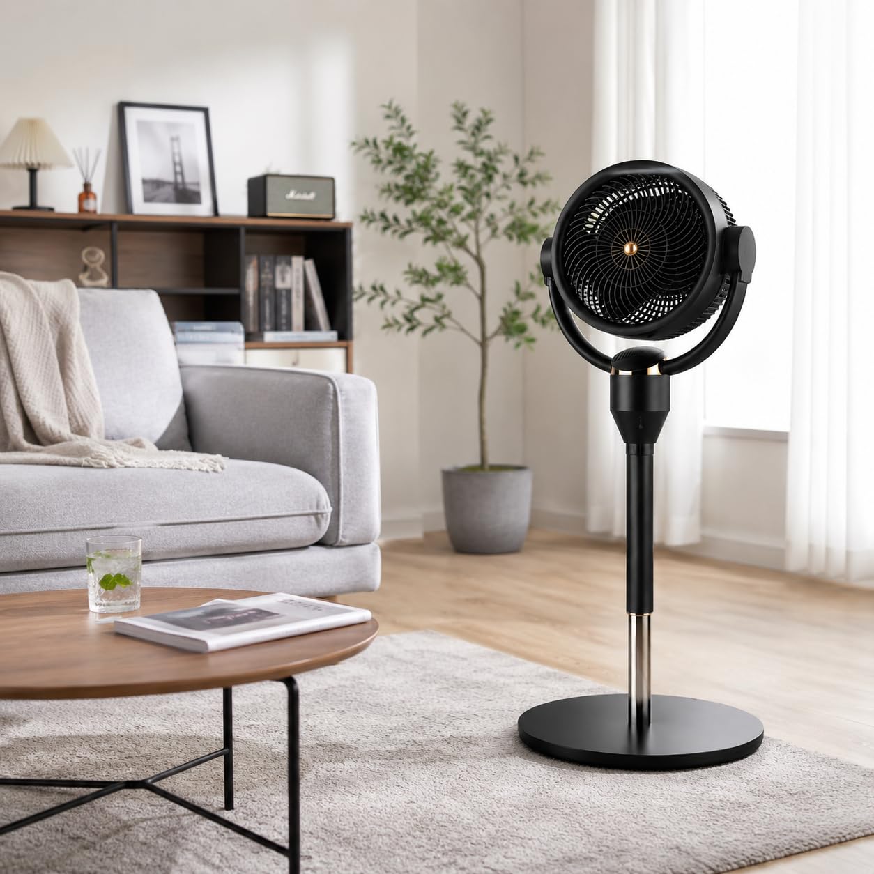 Ventilatore a Piantana Silenzioso 23 dB con Motore DC, Circolatore d'Aria 3D Oscillante, 6 Velocità, Telecomando, Controllo Vocale Smart, Timer, Altezza Regolabile, 2 in 1 per Casa e Ufficio