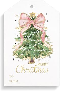 Teling 50 Pcs Christmas Gift Tags with String Pink Bow Merry Christmas Tags