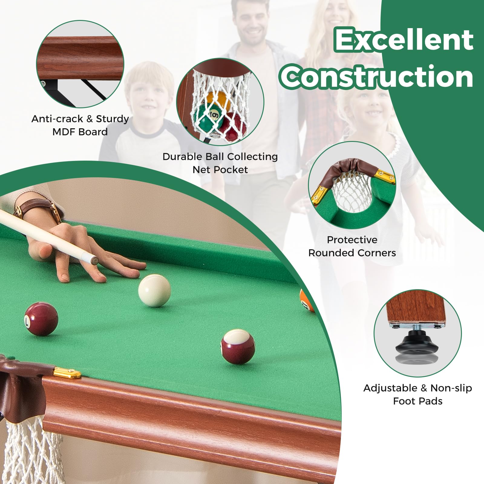 FANTASK Billiard Tisch, Tischbillard Klappbar mit 2 Queues, 2 Kreiden, 16 Bällen, Dreieck & Bürste, Pool-Billardtische für Zuhause, Bar, Billardtisch für Kinder & Erwachsene, 138 x 67 x 79,5 cm