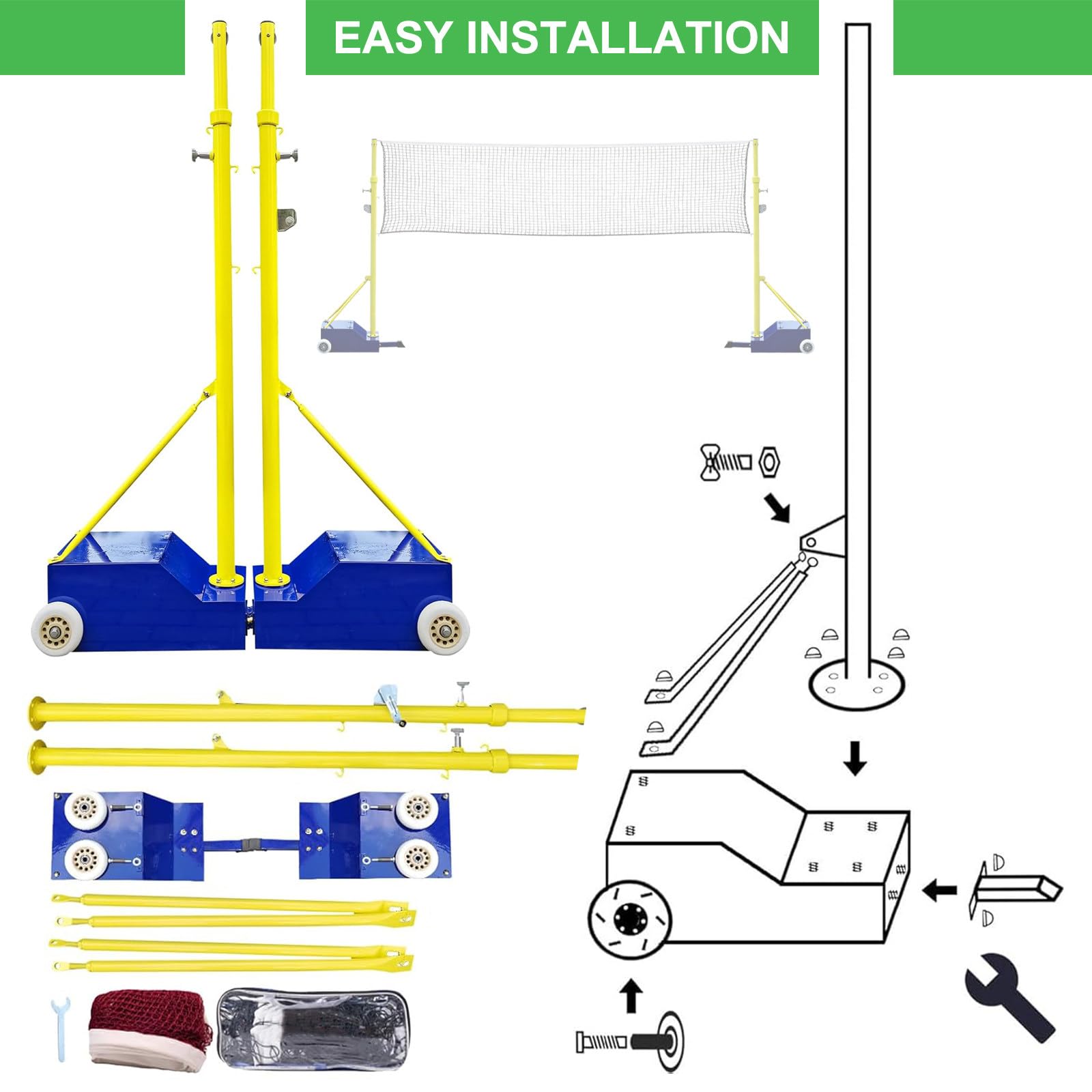 Rete da badminton portatile con pali resistenti e base riempibile per sport indoor outdoor in cortile giardino