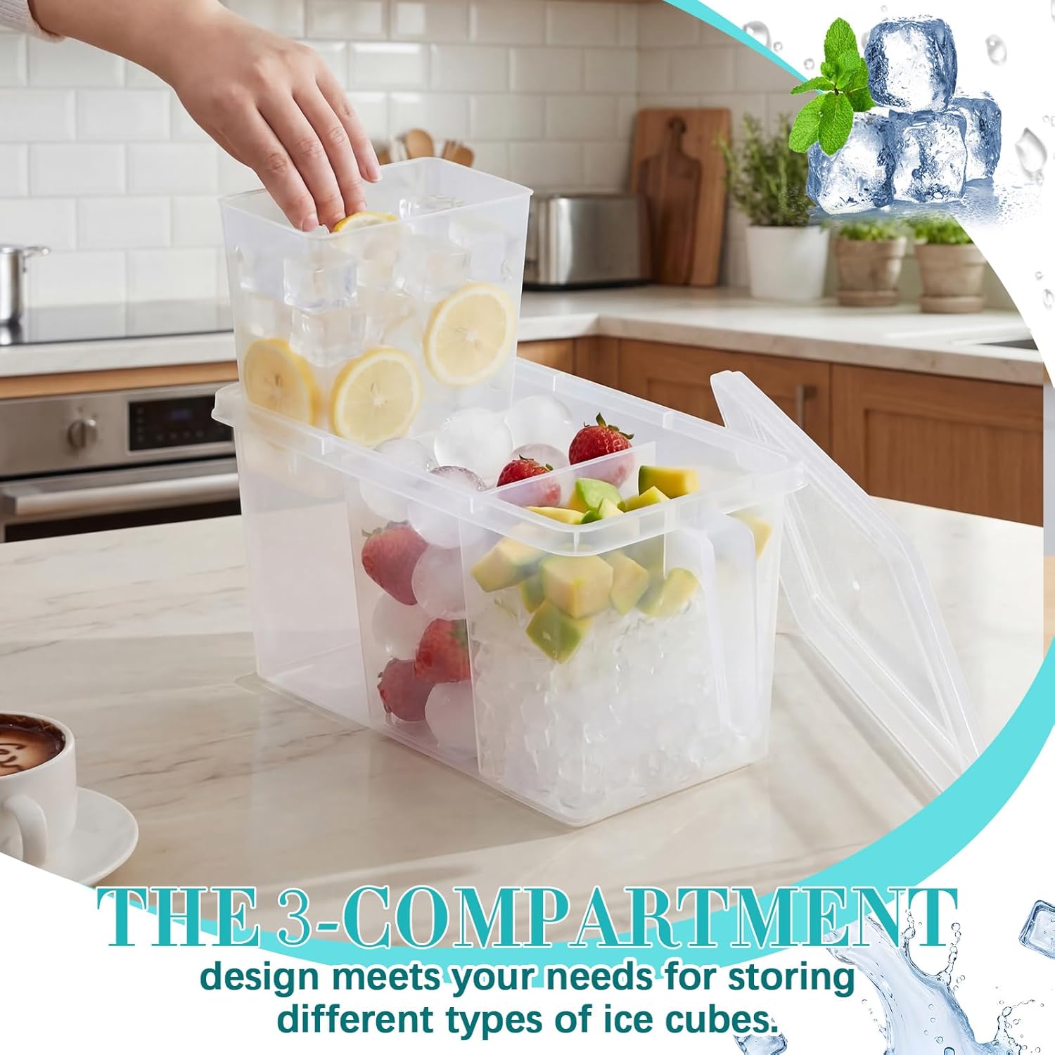 Havawish 3 Divided Ice Bin for Freezer Bucket Ice Container for Freezer with Lid and Scoop Set Ices Storage Container Plastic Clear Pull out Handle Organizer Cubes Cabinet, 10.83 x 5.91 x 6.1 Inches