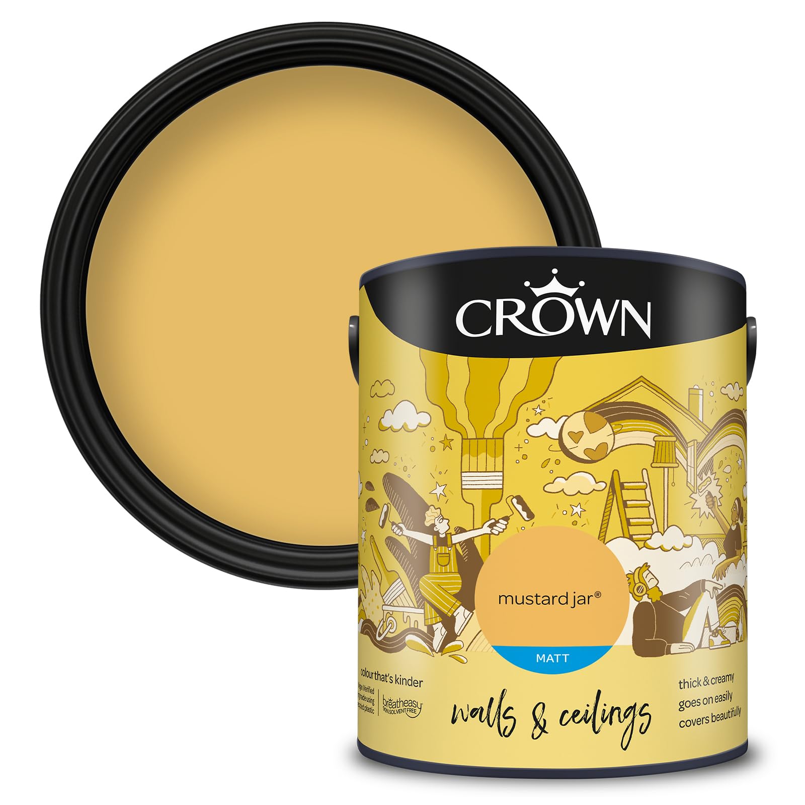 Crown Mustard Jar - Matt Emulsion Paint for Walls and Ceilings - Mustard Yellow Finish - Ceiling and Kitchen - Water Based, Quick Dry, Low Odour Paint - 5L