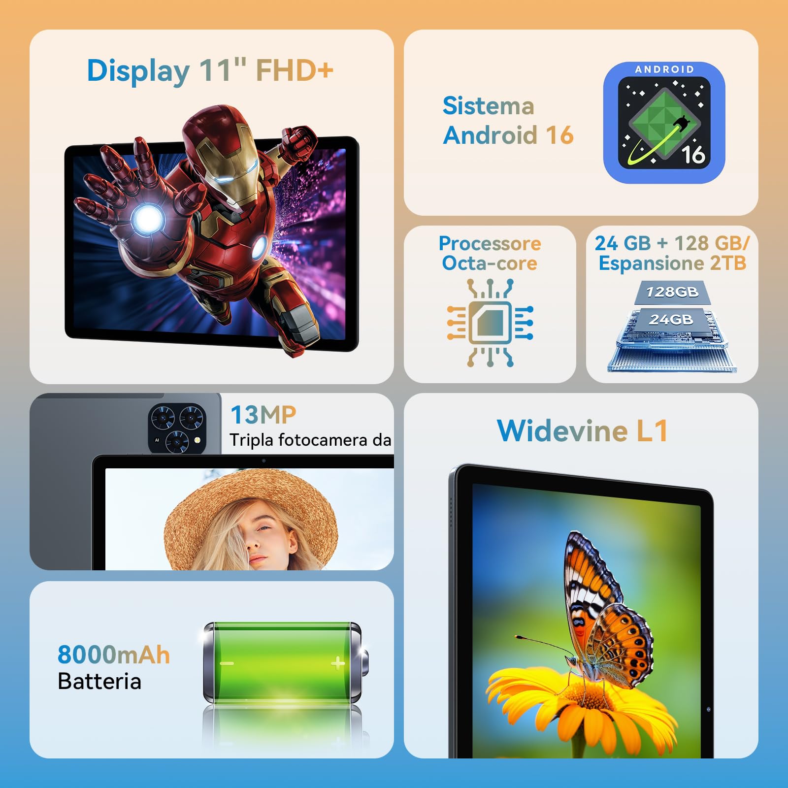 Zenva T90 Android 16 Tablet con Tastiera - Tablet 11 Pollici, 1920x1200 FHD+, 24 GB RAM+128 GB ROM/ 2 TB TF, Octa-Core, 8000 mAh, 13 MP+5 MP, Widevine L1, Face ID, Tablet in Offerta (4 Anni Garanzia)