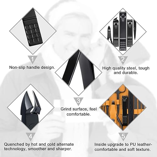 Miniatura 3 de KMiKE - Juego de manicura, kit de pedicura profesional 19 en 1 de acero inoxidable 19 en 1, kit de cortaúñas con funda de piel sintética negra,