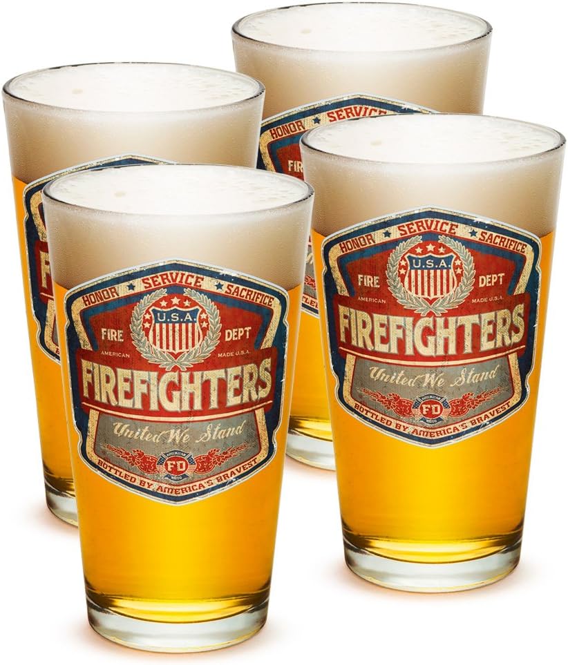 Erazor Bits Firefighter Fireman - Classic Beer Label - Classic Premium Beer Pint Glasses 16 Ounce - Set of 4 - Highball Cocktail Mixing Glass - Perfect for Cold Beverages - With Logo