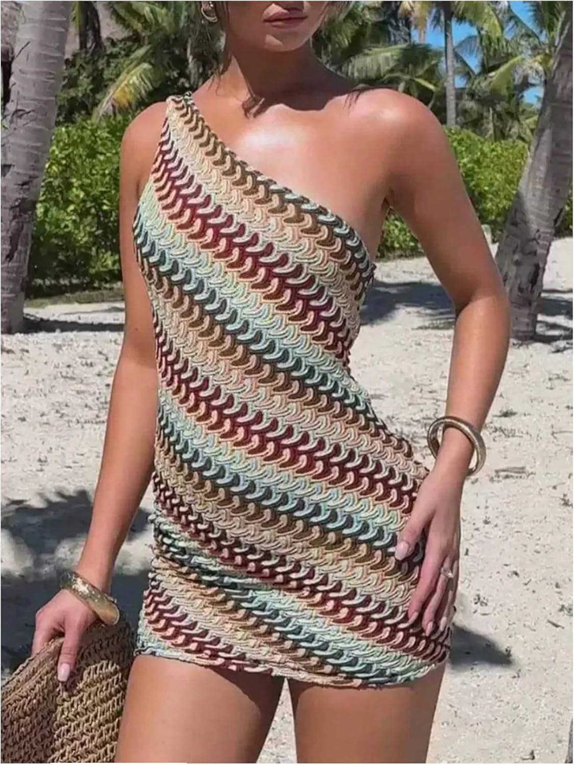 GORGLITTER Women's Asymmetrical One Shoulder Dress Summer Striped Sleeveless Birthday Night Bodycon Mini Sundresses - Image 5