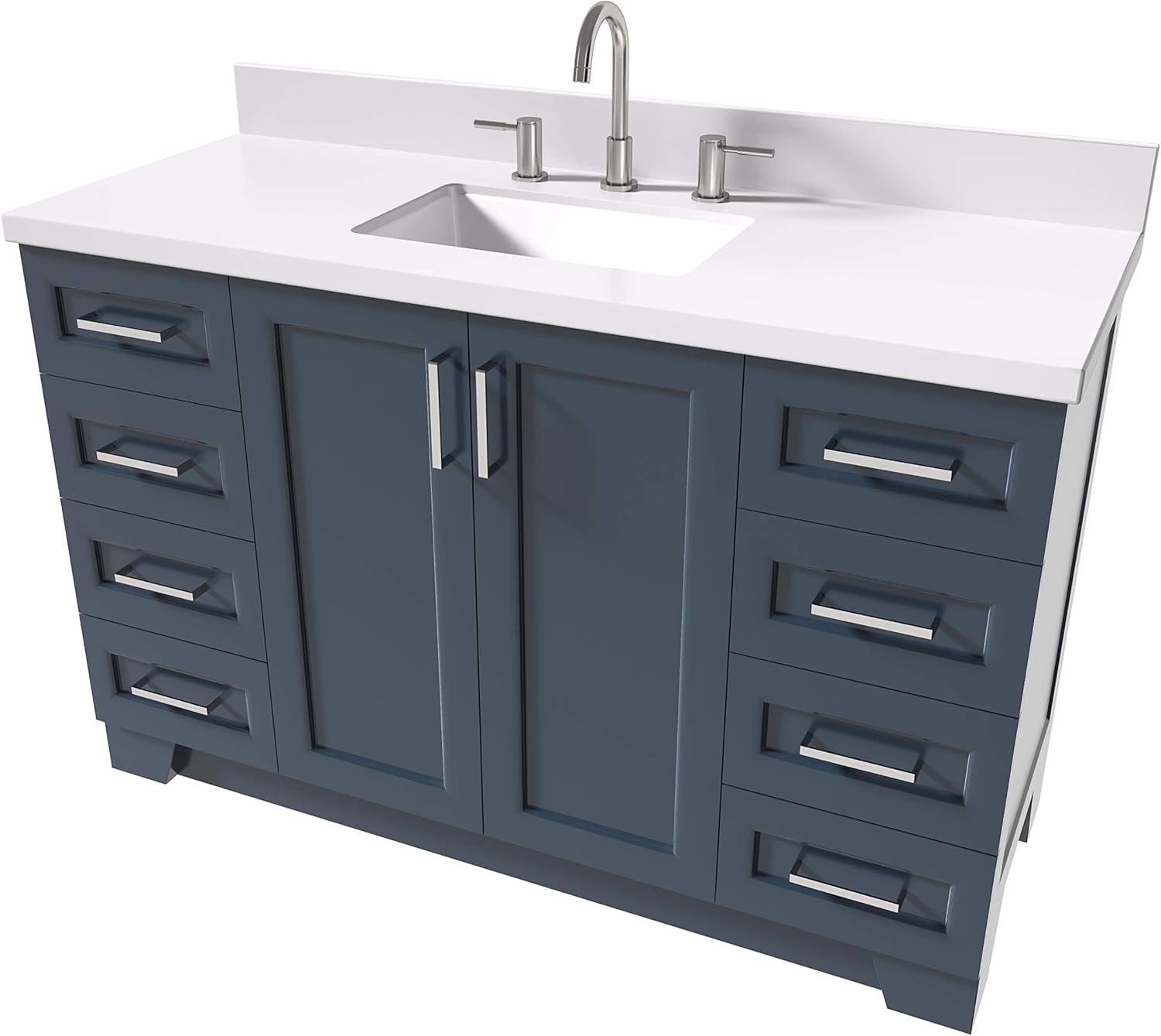 ARIEL Taylor 54-inch Bathroom Vanity with Sink,Solid Wood, 1.5-inch Pure White Quartz Countertop, Single Rectangular Porcelain Sink, 2 Soft Closing Doors, 9 Dovetail Drawers, Midnight Blue