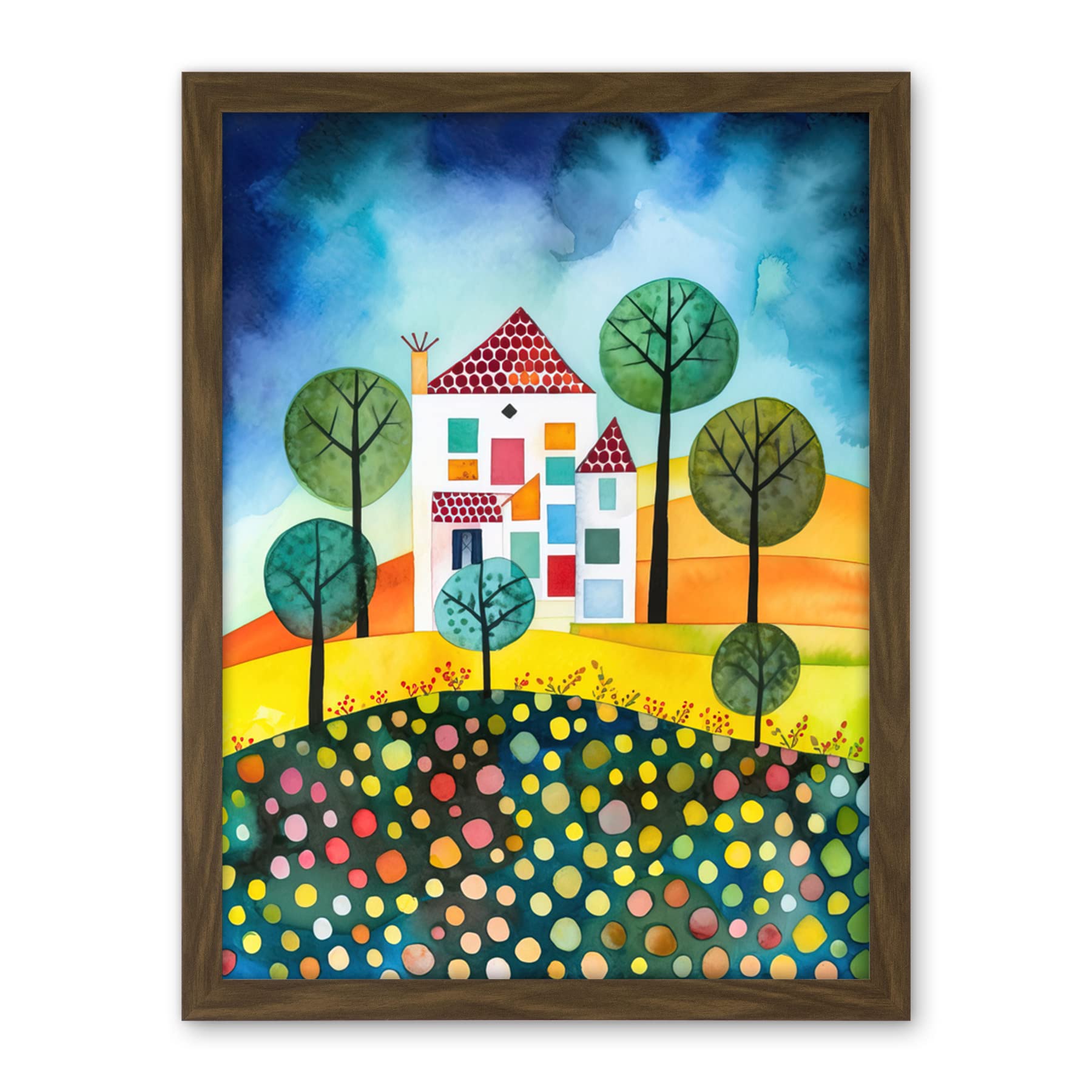 Artery8 Abstract House And Garden Folk Art Artwork Framed Wall Art Print 18X24 Inch
