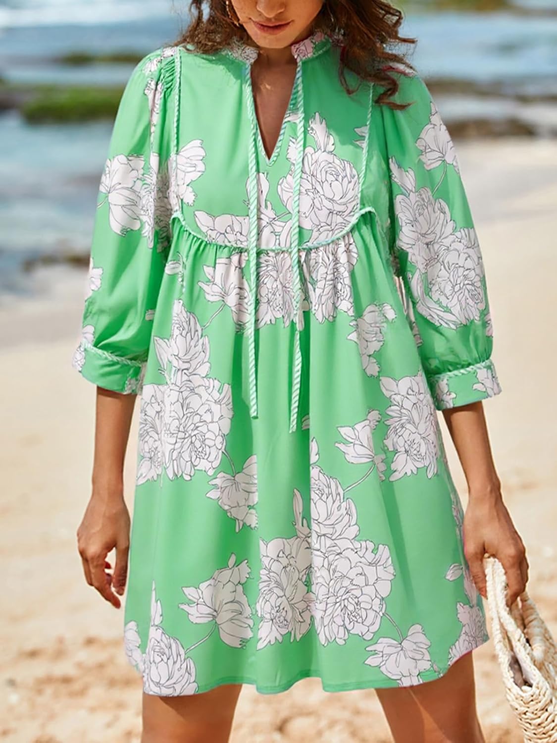 Cicy Bell Womens Floral Mini Dresses 3/4 Balloon Sleeve V Neck Flowy Babydoll Dress Summer Beach Vacation Boho Outfits - Image 2