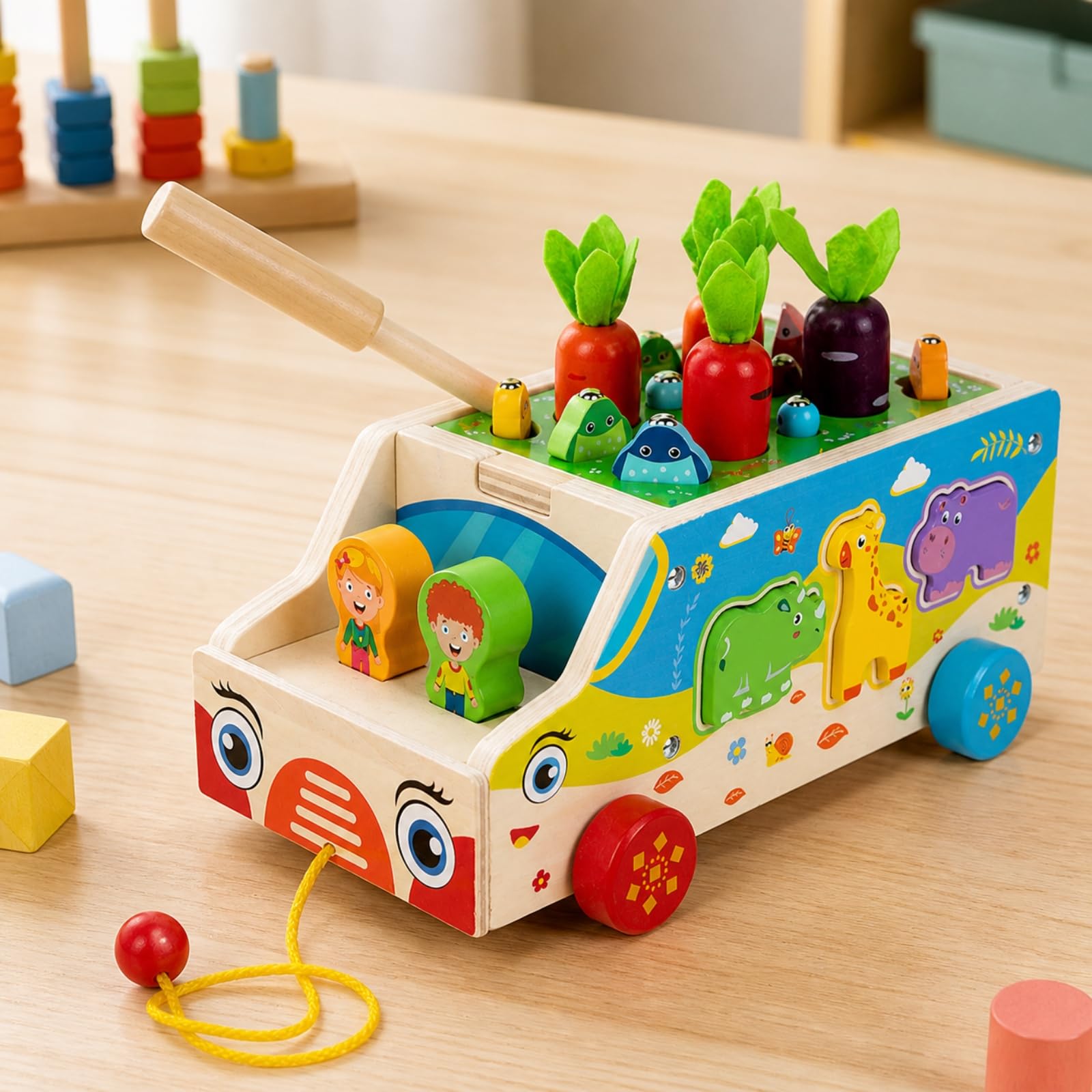 Carrito Actividas Remolque Multifuncional Carrito con Juego Pesca y Verduras Colorido Juguete Educativo para Casa