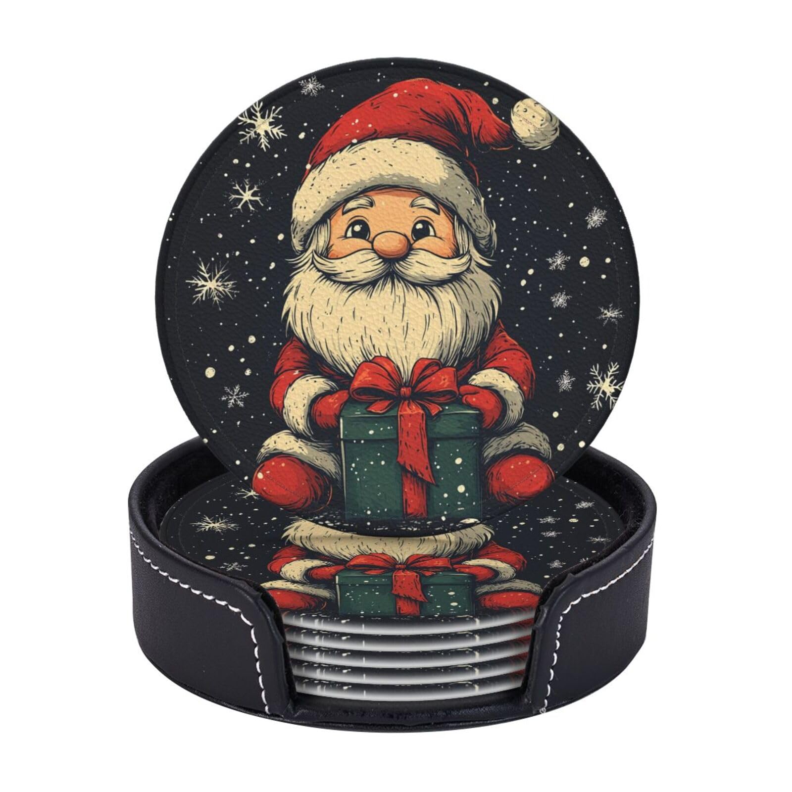 6 Pack Christmas Gnomes Leather Coasters for Drinks with Holder Sets Winter Xmas Heat Resistant Drink Table Cup Coasters for Kitchen Dining Cafe Holiday Decor Round