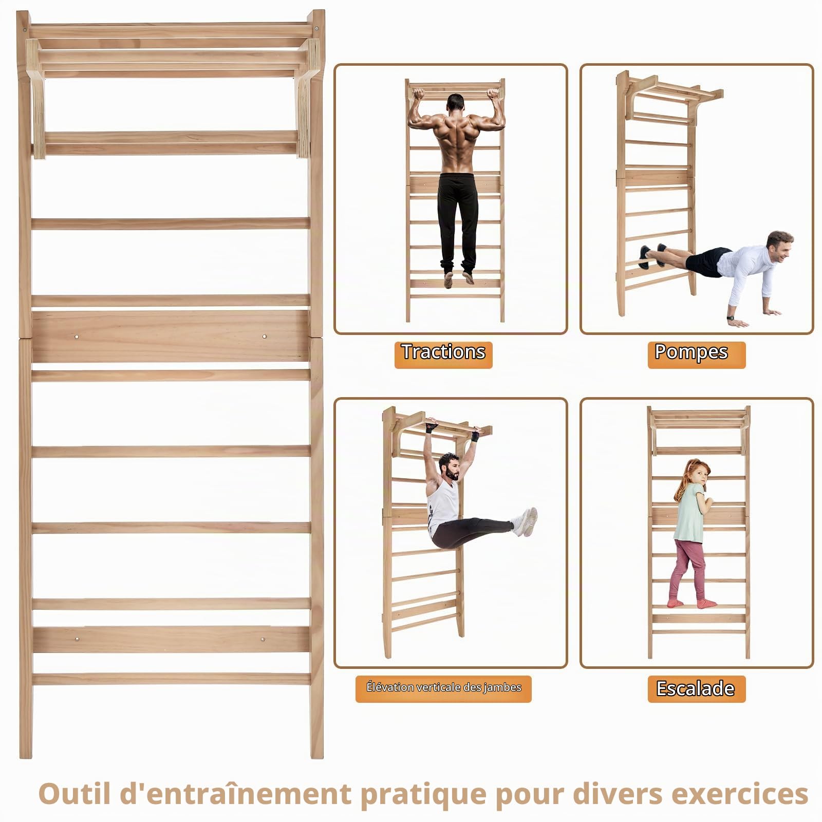 HOMASIS Spallière Gymnastique en bois, Spallière suédoise avec barre horizontale amovible, barre de traction pour enfants et adultes, 80 x 48 x 195 cm