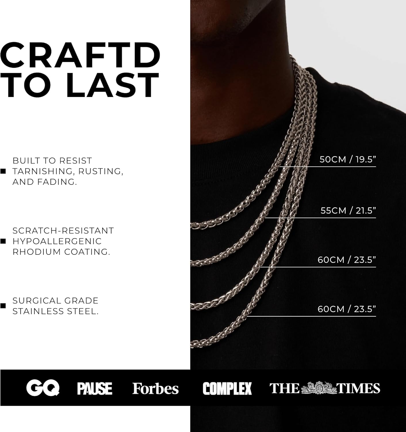 CRAFTD - Silver Wheat Link Chain - Durable Rhodium & 316L Stainless Steel - Waterproof, Heat & Sweat Resistant - Gifts for Men - Men's Jewelry - Image 4