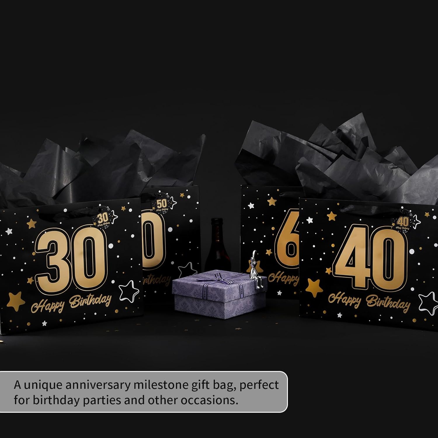 Powbrace 13" Black 30th Birthday Gift Bag with Tissue Paper and Greeting Card for Party,Happy Birthday Gift Bag for Men Women,Gift Bags Medium size(1 Black 30th) - Image 5