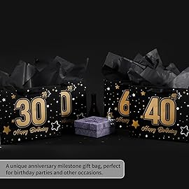 Powbrace 13 Black 40th Birthday Gift Bag with Tissue Paper and Greeting Card for Party,Happy Birthday Gift Bag for Men Women,Gift Bags Medium size(1 Black 40th)