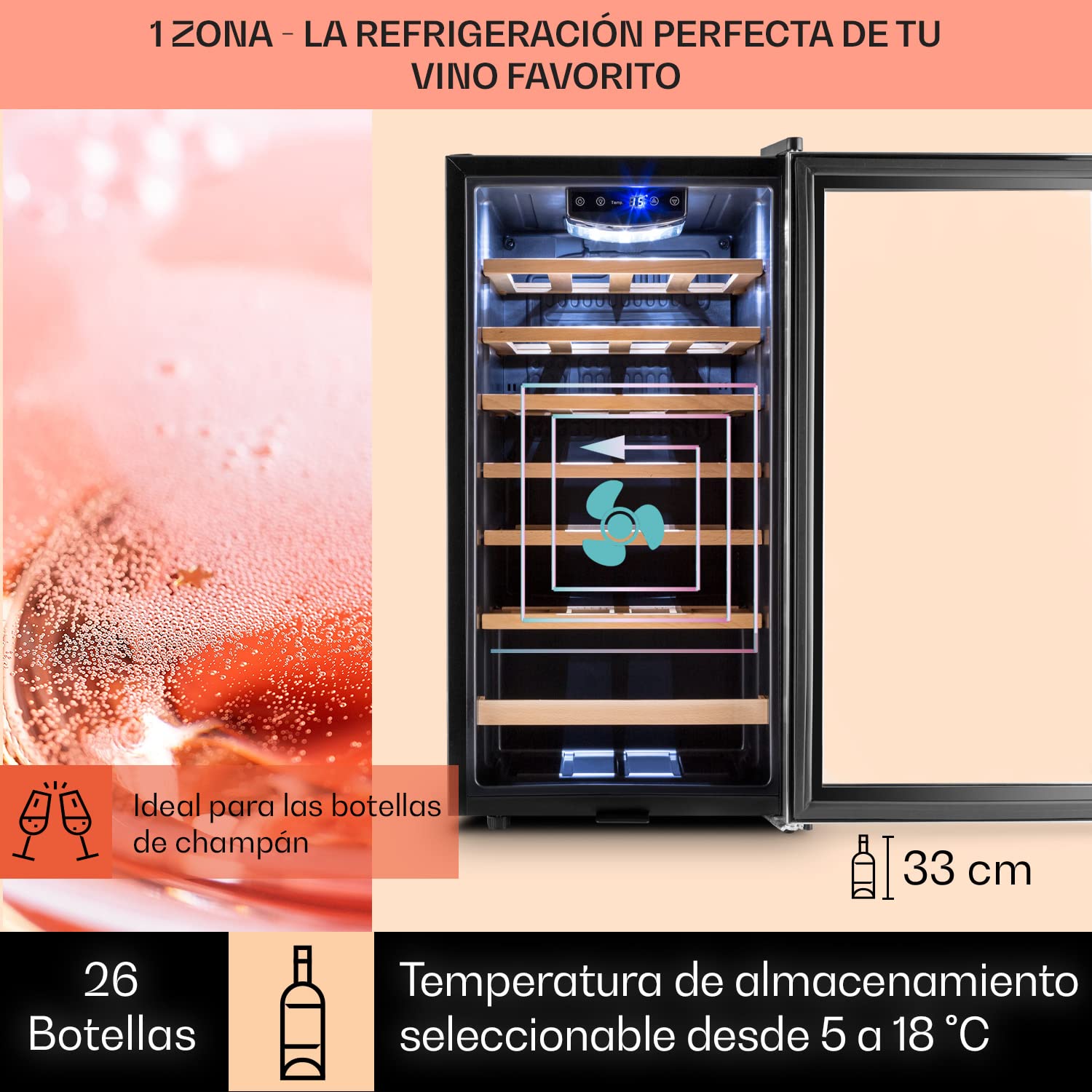 Klarstein Vinoteca 26 Botellas, Nevera Vinos, Una Zona de Refrigeración, Nevera Expositora Vino y Cerveza, Vinoteca Interior y Exterior con Puerta de Cristal, Nevera Vino con Protección UV, 5-18°C