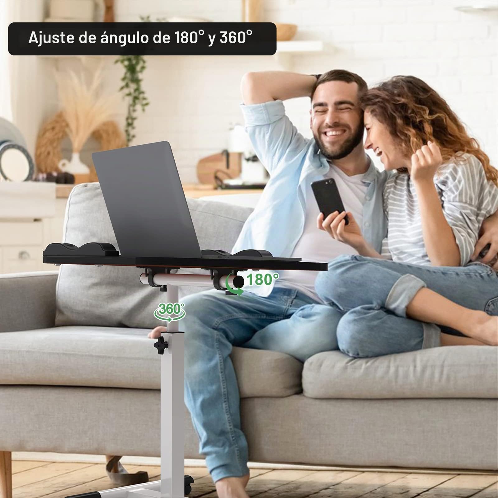 Mesa de Cama con Ruedas 60x40cm, Mesa Auxiliar de Oficina Ajustable en Altura 61-95cm, Mesa para Portátil con 2 Tiras Antideslizantes y 4 Ruedas para Salón, Dormitorio, Negro
