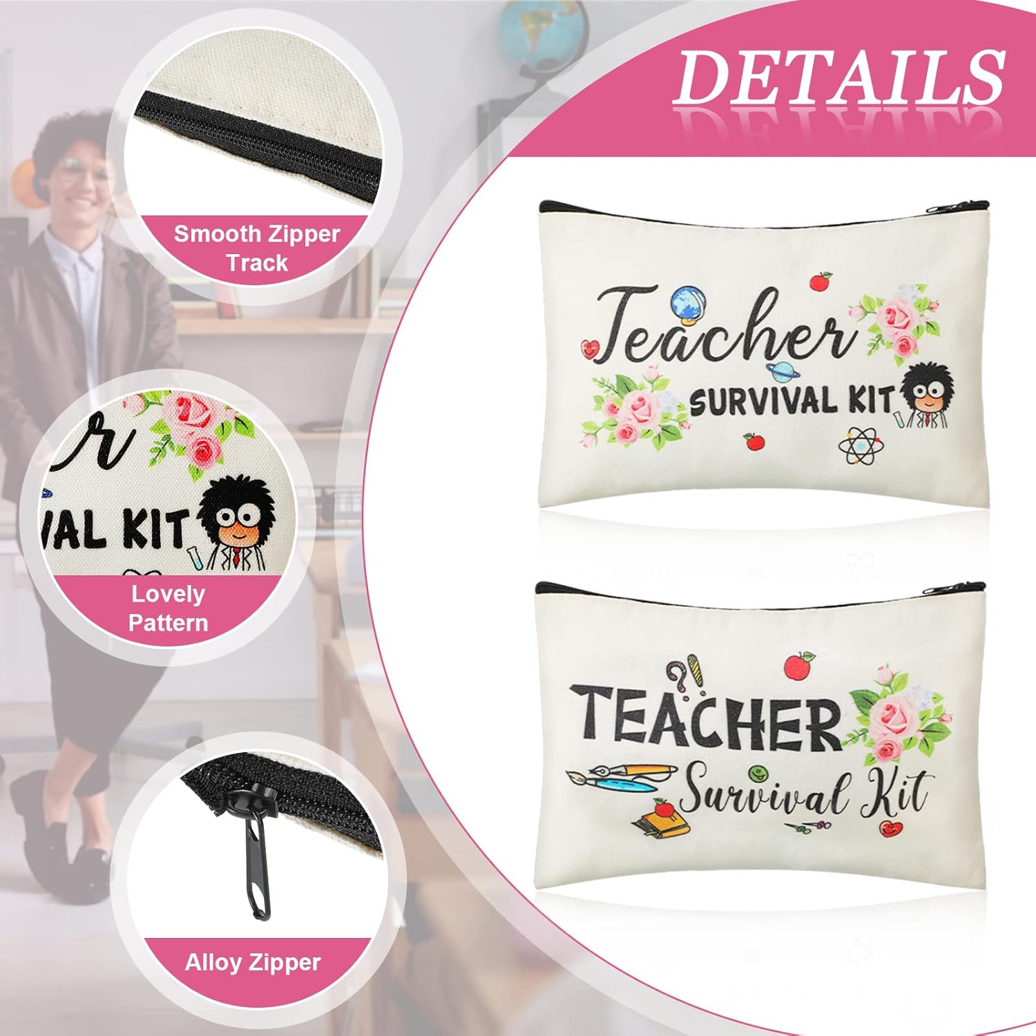 Frienda 36 Pieces Teacher Appreciation Present Set, 18 Survival Kit Makeup Pouch Bag Pencil Bag, 18 Teacher Blessing Card Bracelet, Cosmetic Bag Kit for Teacher's Day, Elegant Style, 9.1 x 5.9 Inch