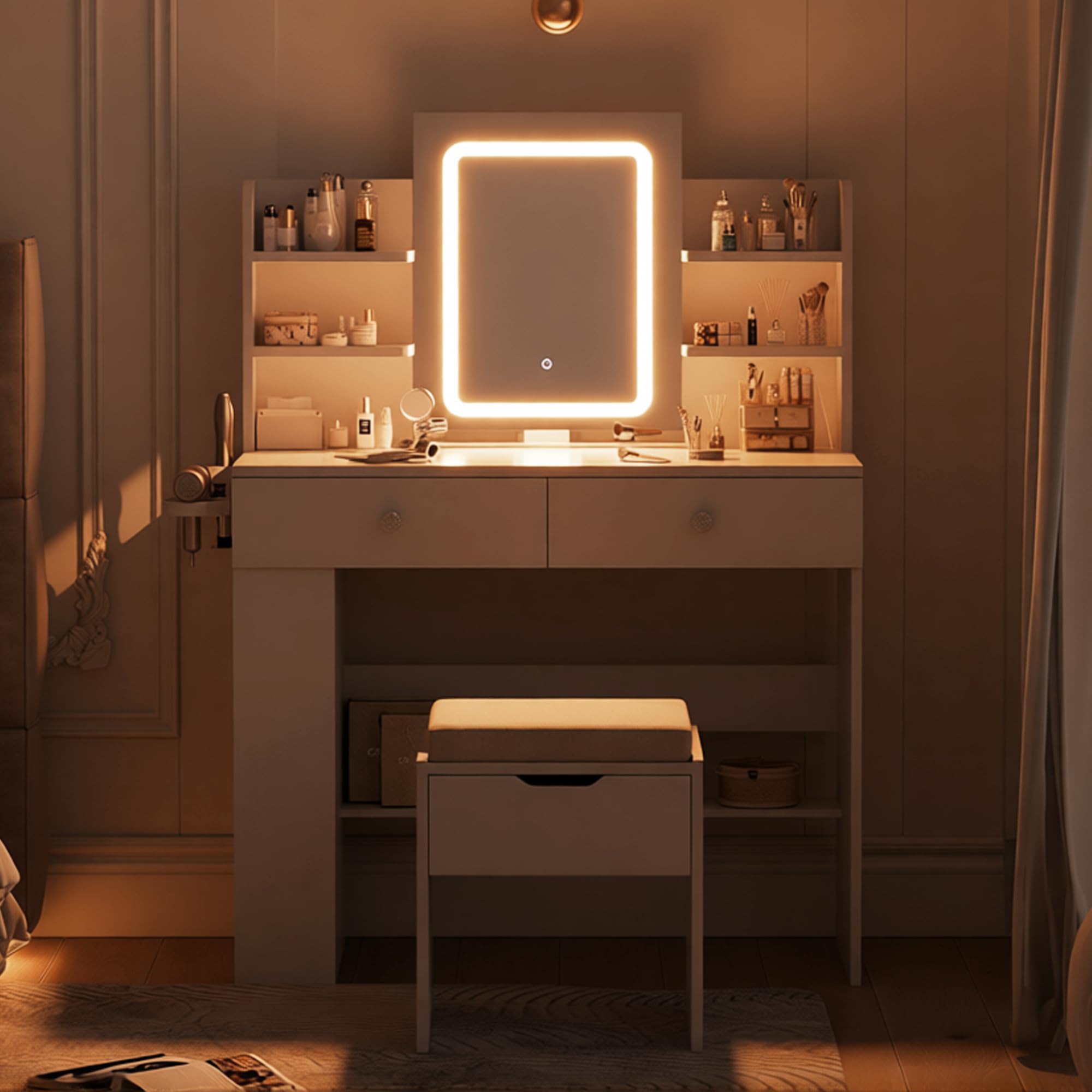 Claiks Coiffeuse avec Miroir éclairé par LED, 90 x 40 x 125 cm, Luminosité Réglable et 3 Couleurs de Lumière, Coiffeuse avec Plateau en Verre Transparent, 2 Tiroirs et 4 étagères de Rangement, Blanc