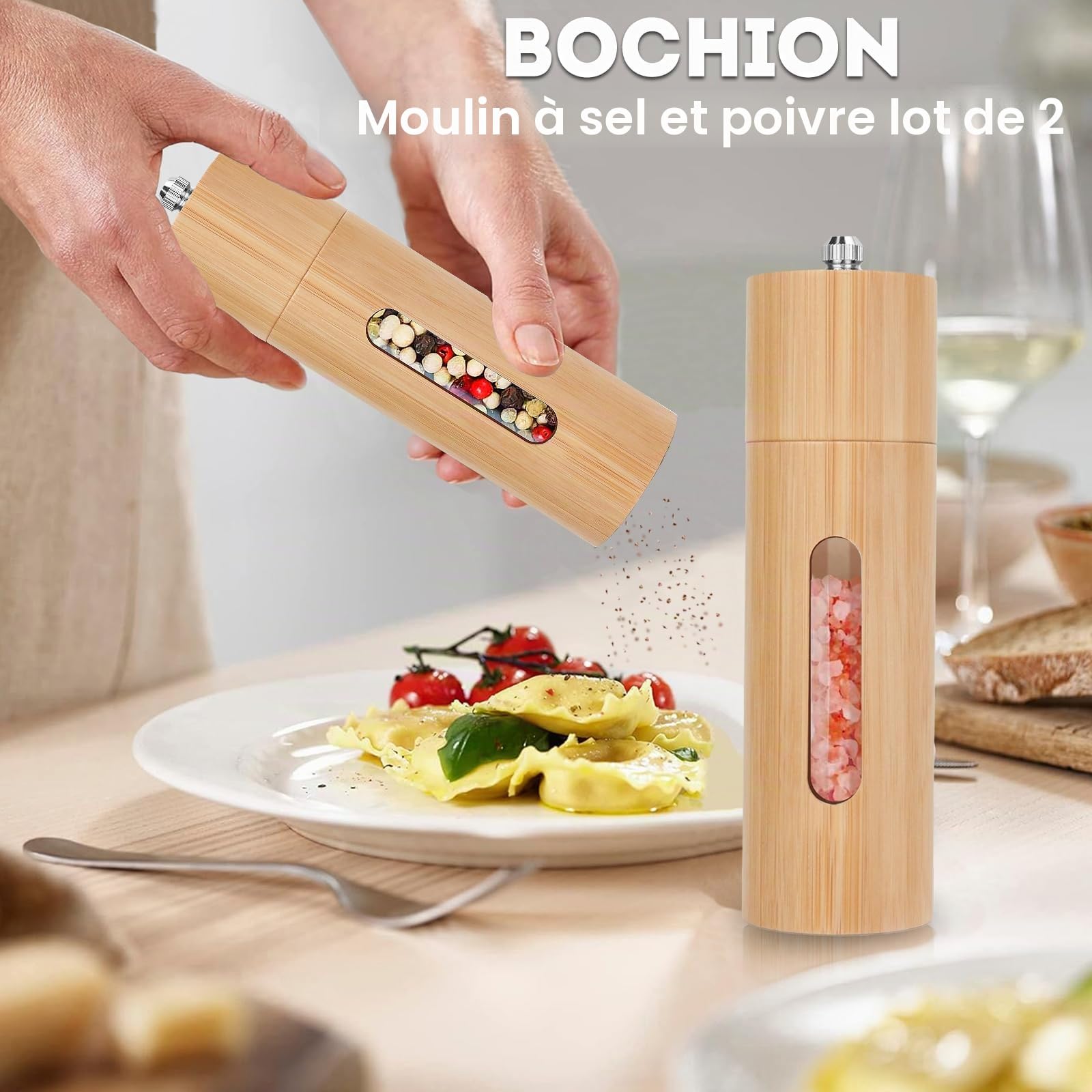 Moulin à Poivre et Sel Manuel en Bois avec Broyeur en Céramique Réglable