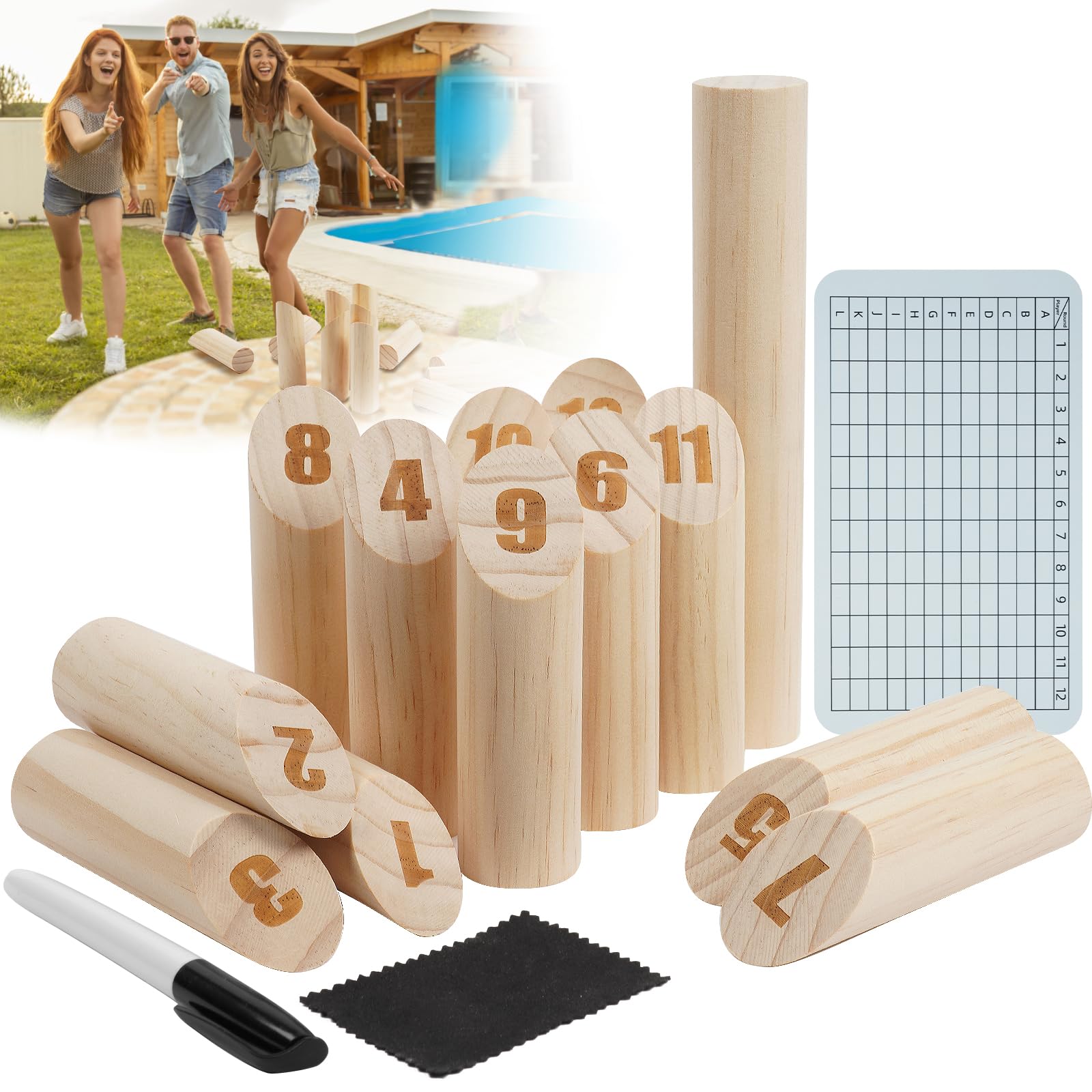 OSDUE Holz Zahlen Kubb Spiel, Wikingerspiel Wurfspiel Schwedenschach Wurfspiel Outdoor Partyspiele Lustiges für Erwachsene und Kinder