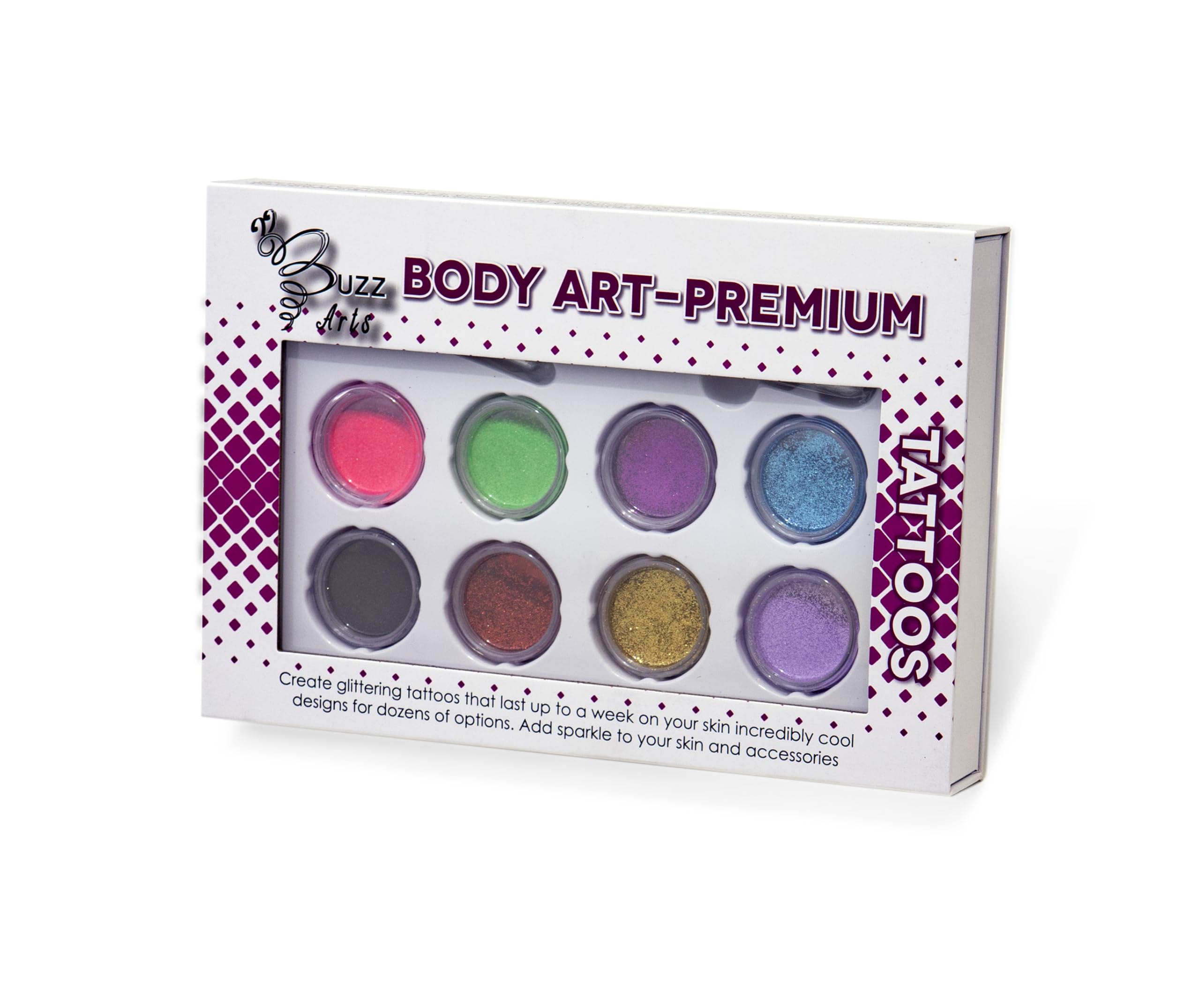 Body Art Premium Tattoos - Glitter Tattoo Kit with 8 Vibrant Colors, Long-Lasting Temporary Body Art for Kids & Adults, Easy to Apply