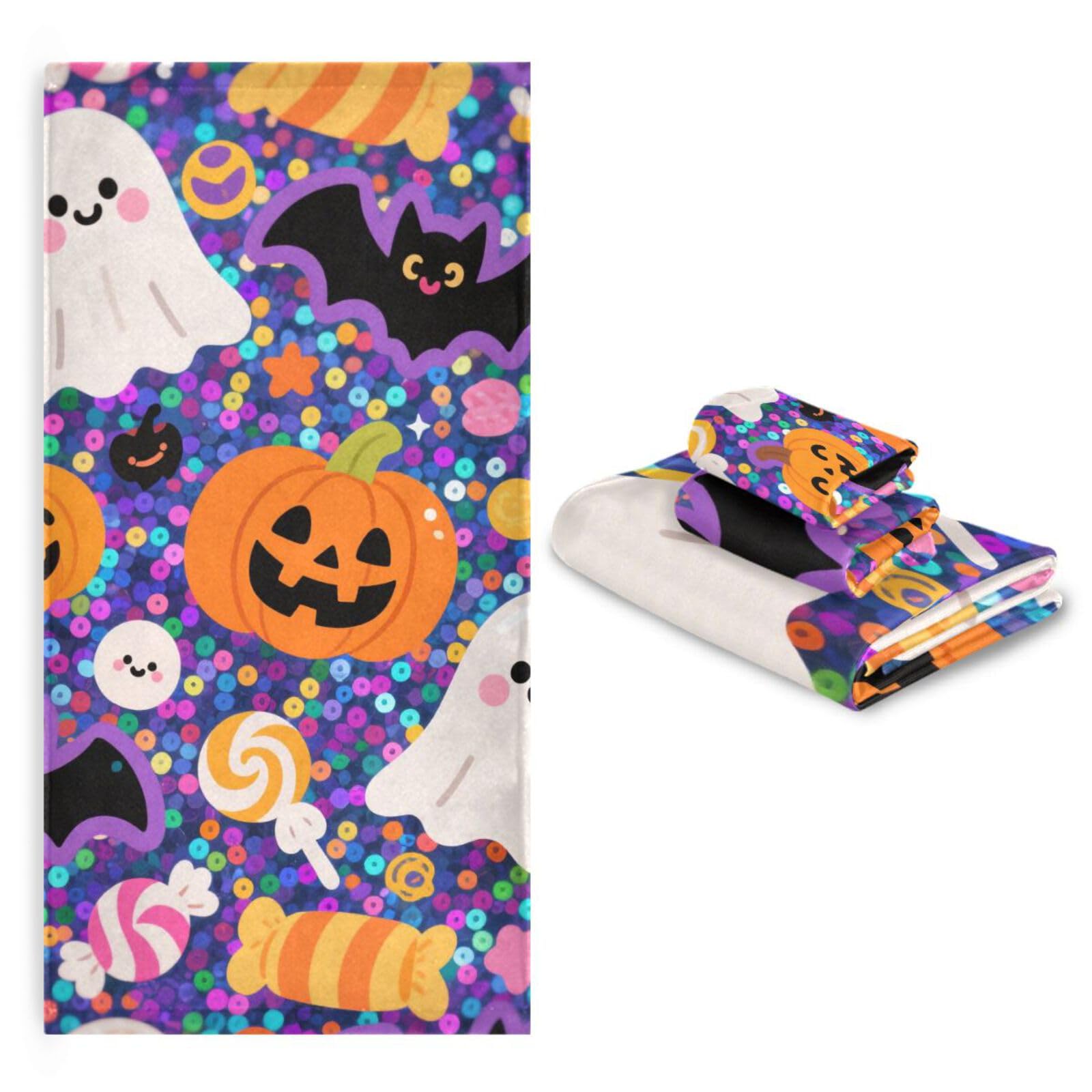 Halloween cekiny żółta dynia chłonne ręczniki do twarzy zestaw 3 sztuk, 1 ręcznik kąpielowy 1 ręcznik do rąk 1 myjka do łazienki kuchni