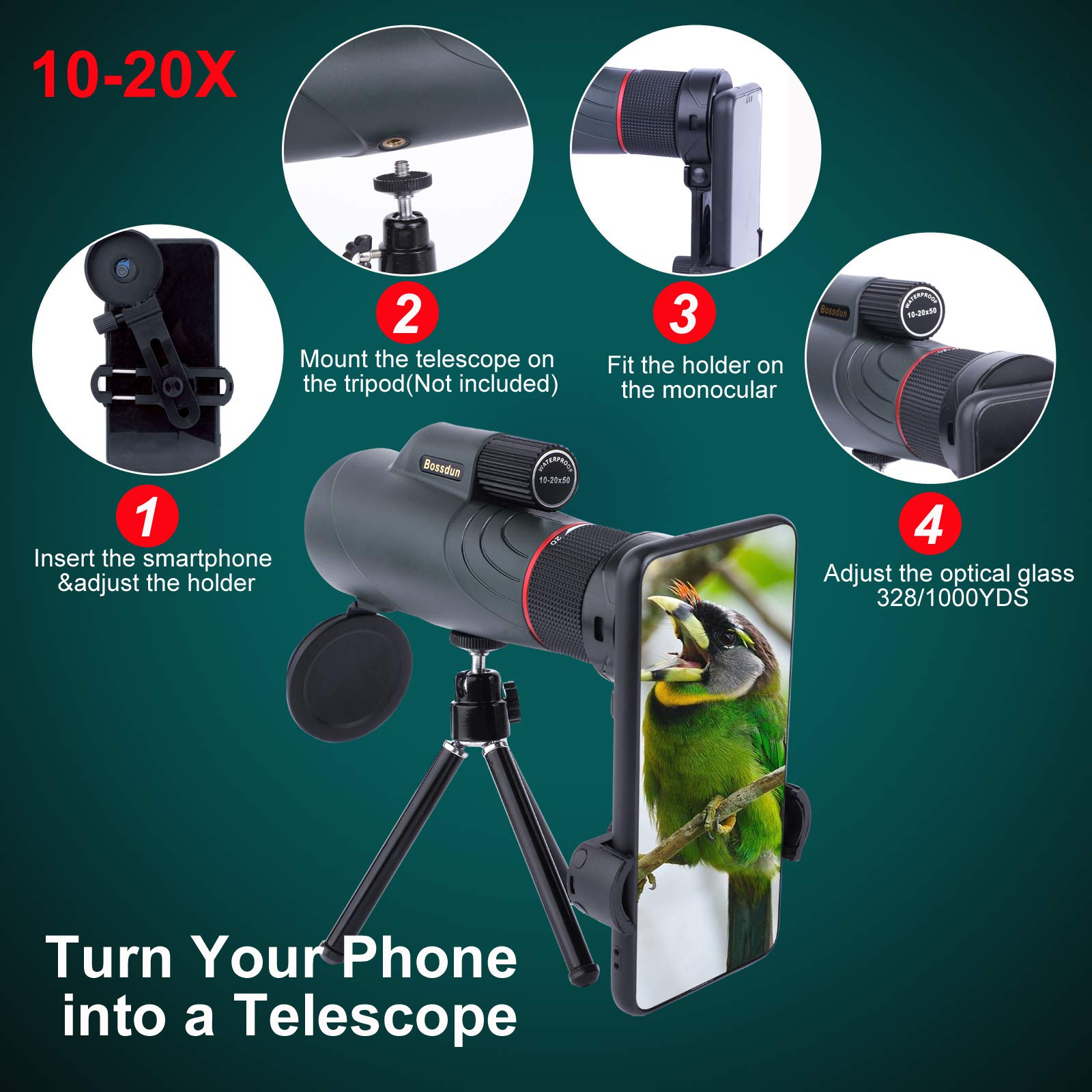 Monokularowy teleskop 10-20 x 50, wydajny monokular z adapterem do smartfona, High Power Vision dla dorosłych, do obserwacji ptaków, dzikich zwierząt, koncertów, gier sportowych