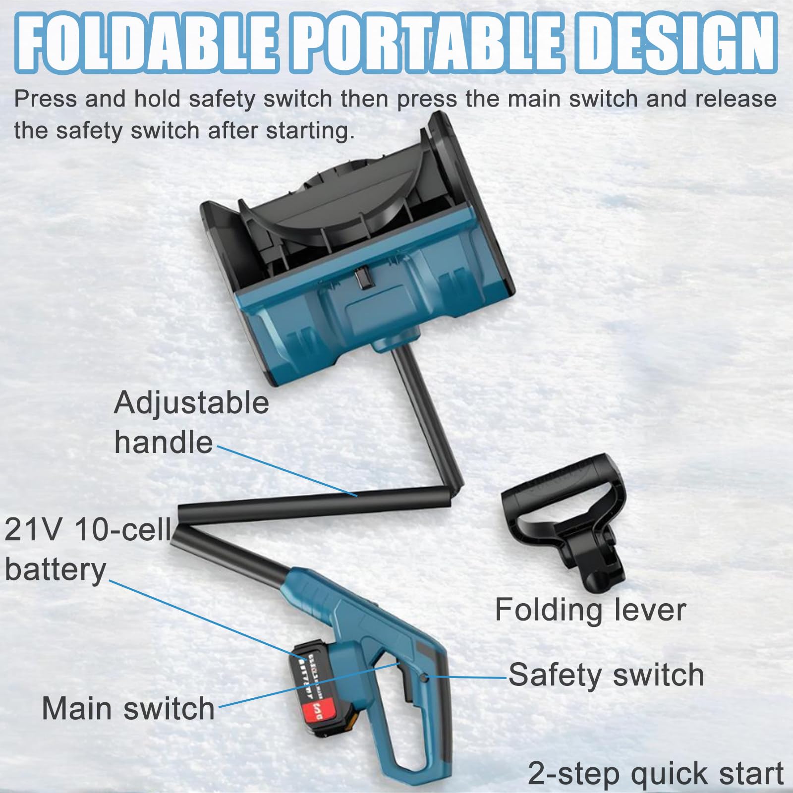 Spazzaneve elettrico senza fili, pala da neve pieghevole con motore brushless da 600 W, 3000 giri/min, lancio direzionale a 45°, spazzaneve portatile, include 1 batteria