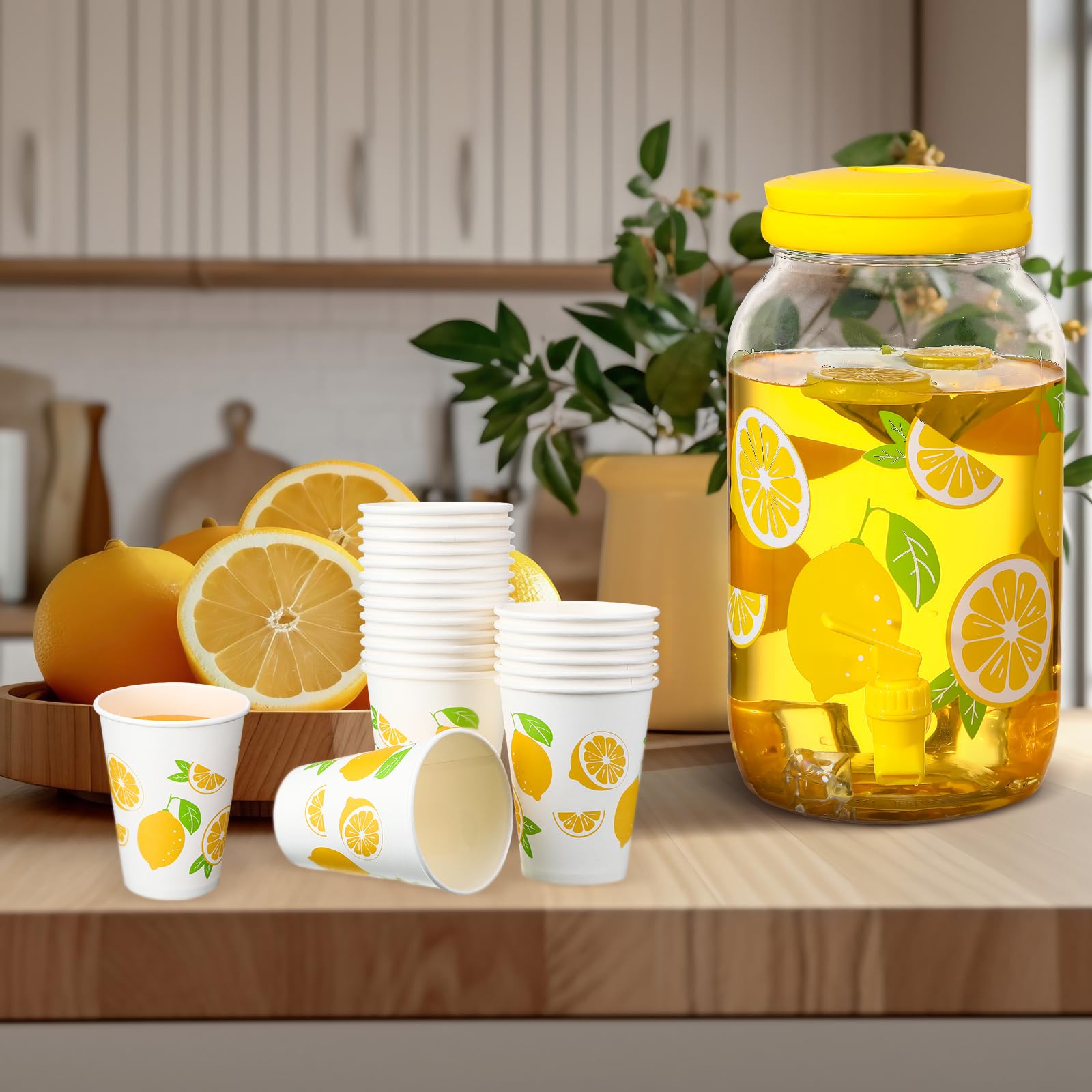 Umigy Dispensador de bebidas de plástico transparente de limón con 20 vasos de papel de limón de 12 onzas, dispensador de bebidas de 1 galón, dispensador de bebidas de plástico con espiga para jugo,