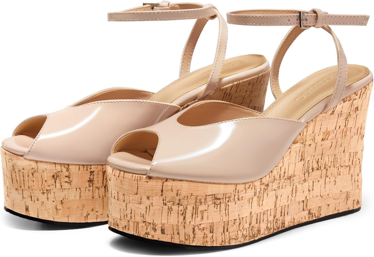 Coutgo Womens Platform Wedge Sandals Cork Dressy Peep Toe Ankle Buckle Strap High Heels Summer Shoes