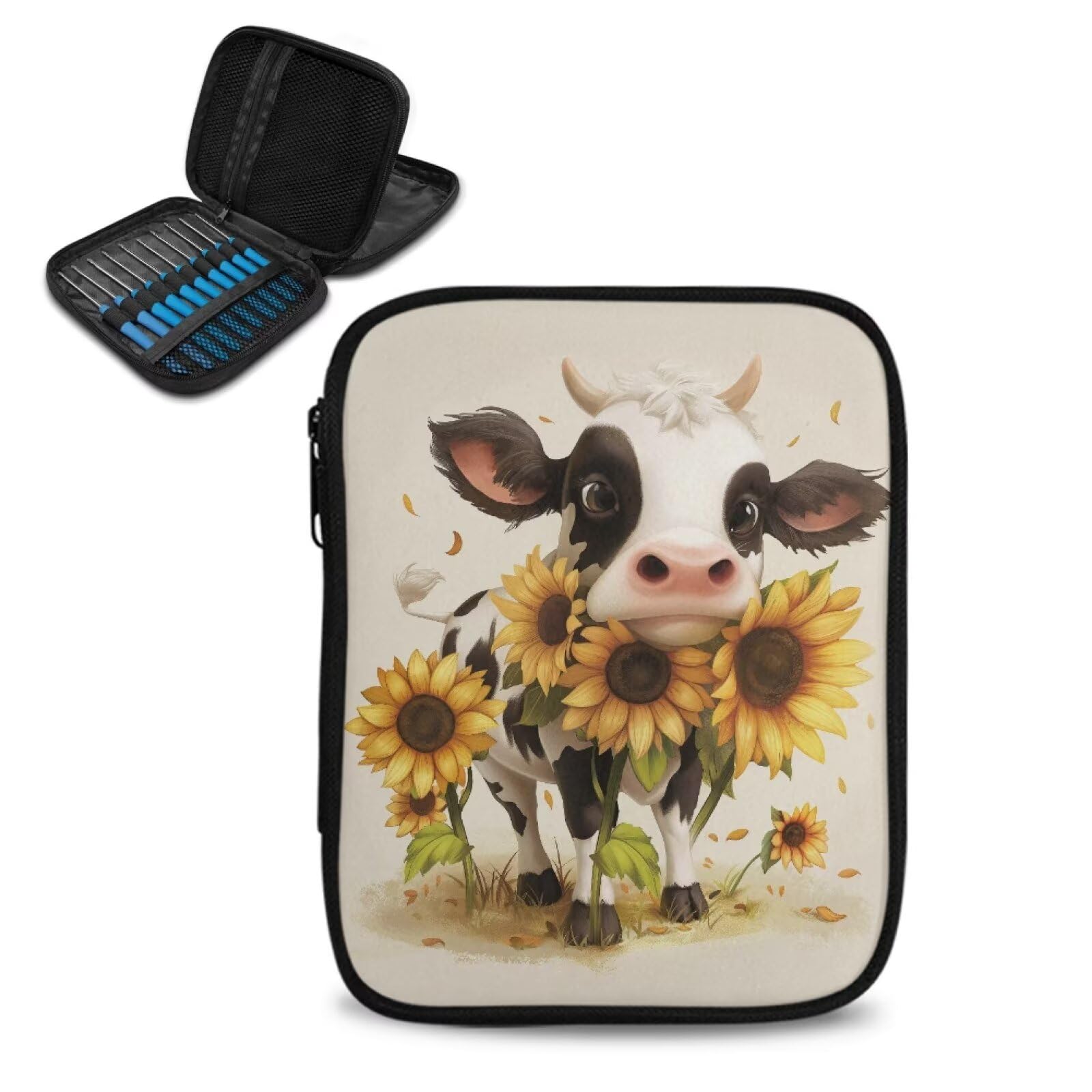 Cartoon Cow Crochet Hook Case Sunflower Portable Knitting Needle Case with Web Pockets Swing Crochet Hooks Accessories Easy to Take