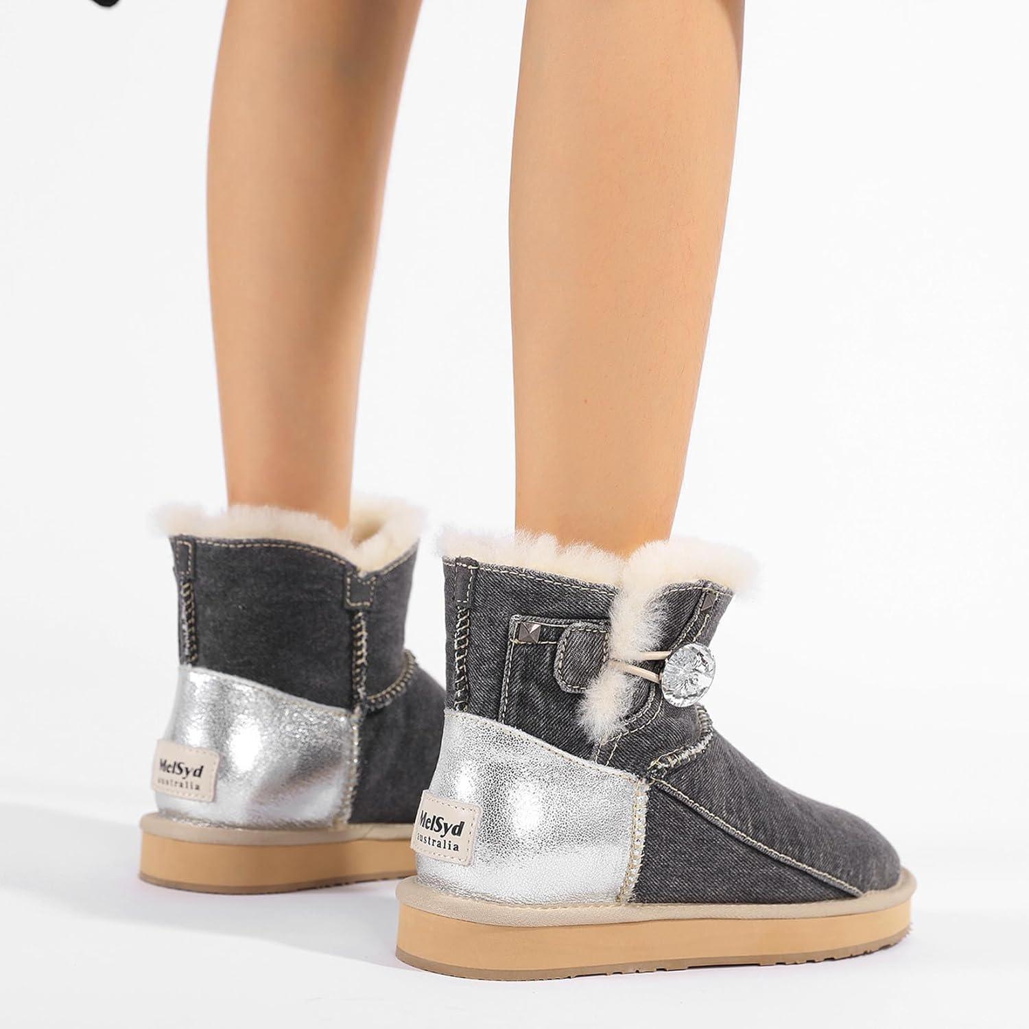 Mel&Syd MelSyd Women's Sheepskin-Lined Jeans Booties: 100% Australian Merino Wool - Chic Buckle & Anti-Slip Sole - Cozy Winter Ankle Boots - Daily Comfort Short Shoes- Christmas Gifts