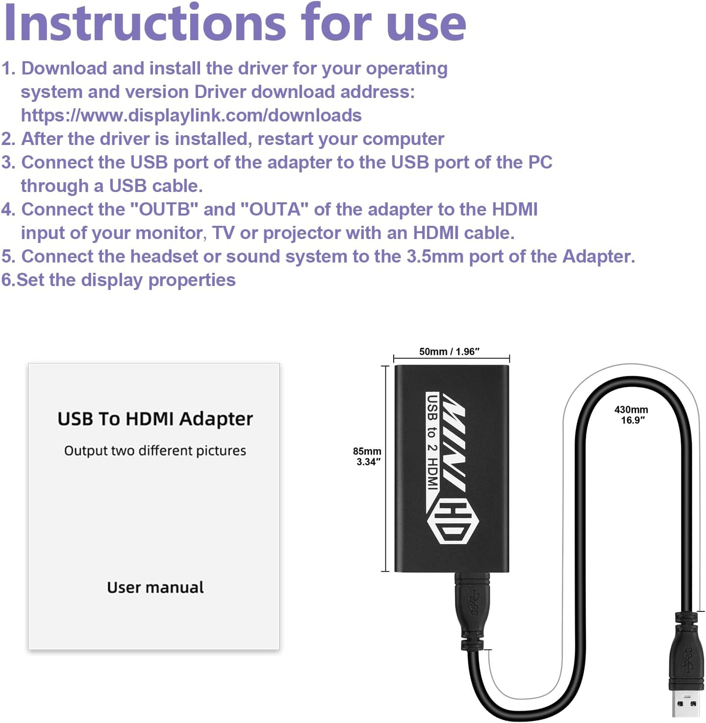Instructions for use and dimensions of UNSTINCER USB to HDMI Adapter