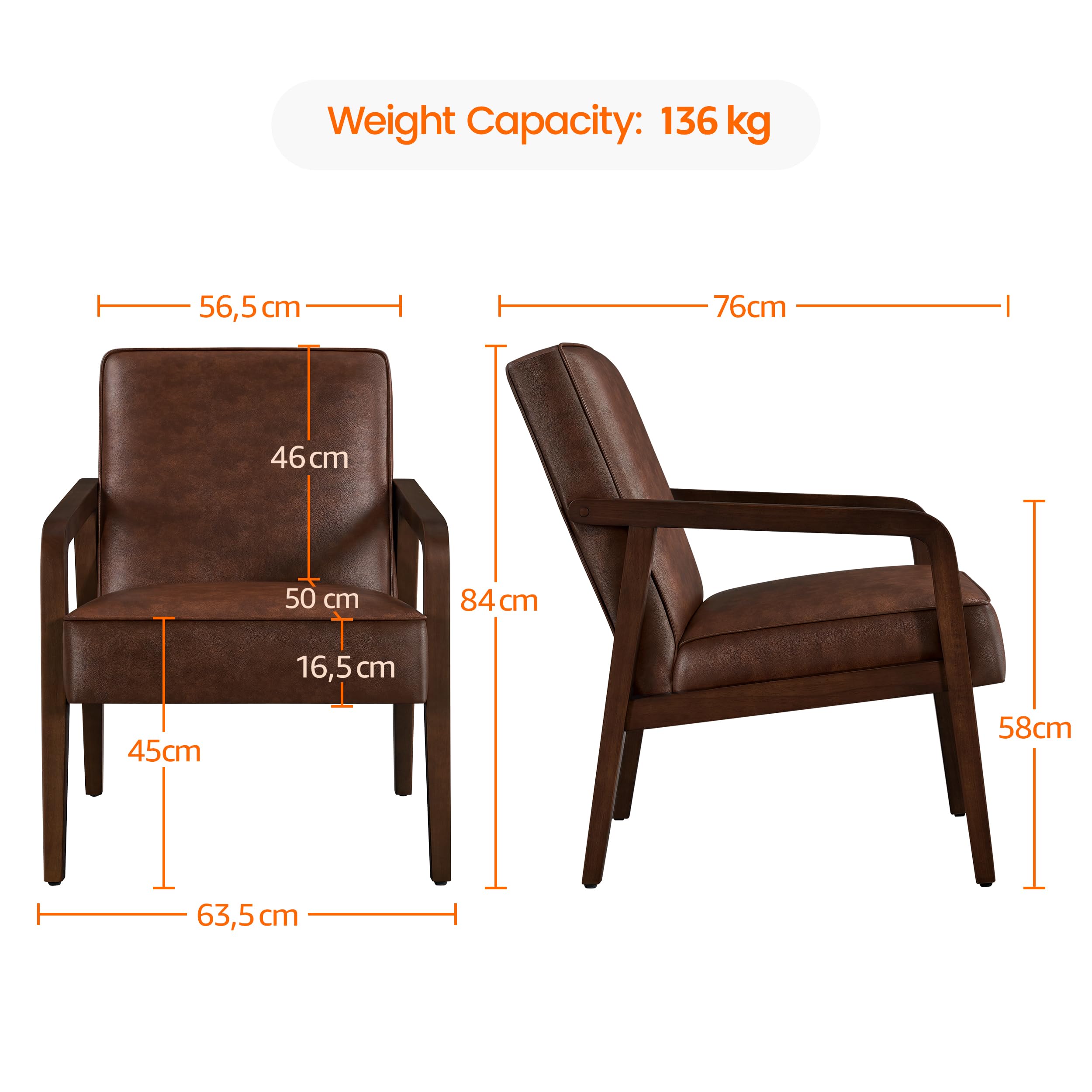 Poltrona Classica Ecopelle PU da Salotto Studio Poltrocina Imbottita Struttura in Legno Molle in Acciaio Sedia Moderna con Braccioli Schienale Piedini Regolabili per Lavoro Bar Marrone Scuro