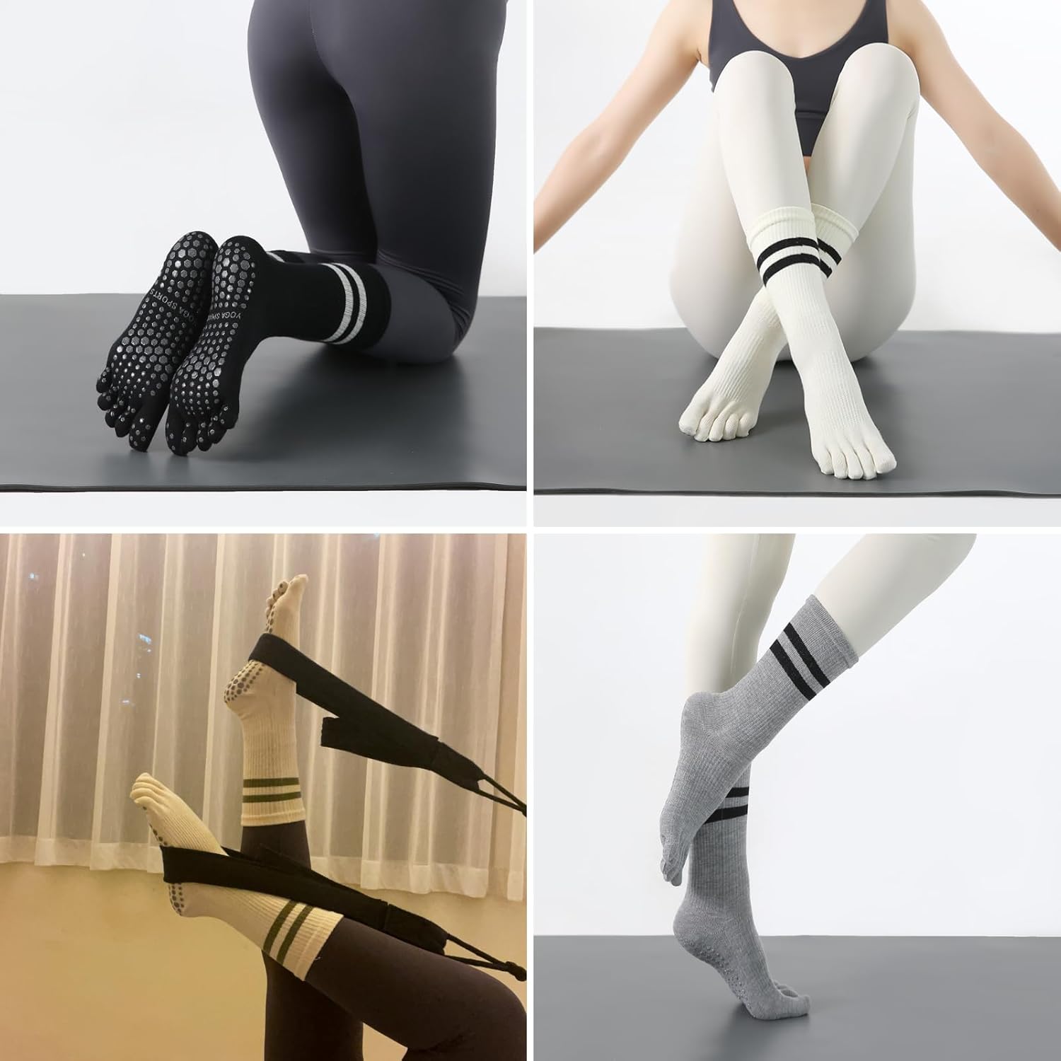 Pilates Socks for Women, Non Slip Yoga Five Toe Grippy Socks for Hospital Barre Sticky Gym Slipper Socks 4 Pairs - Image 2