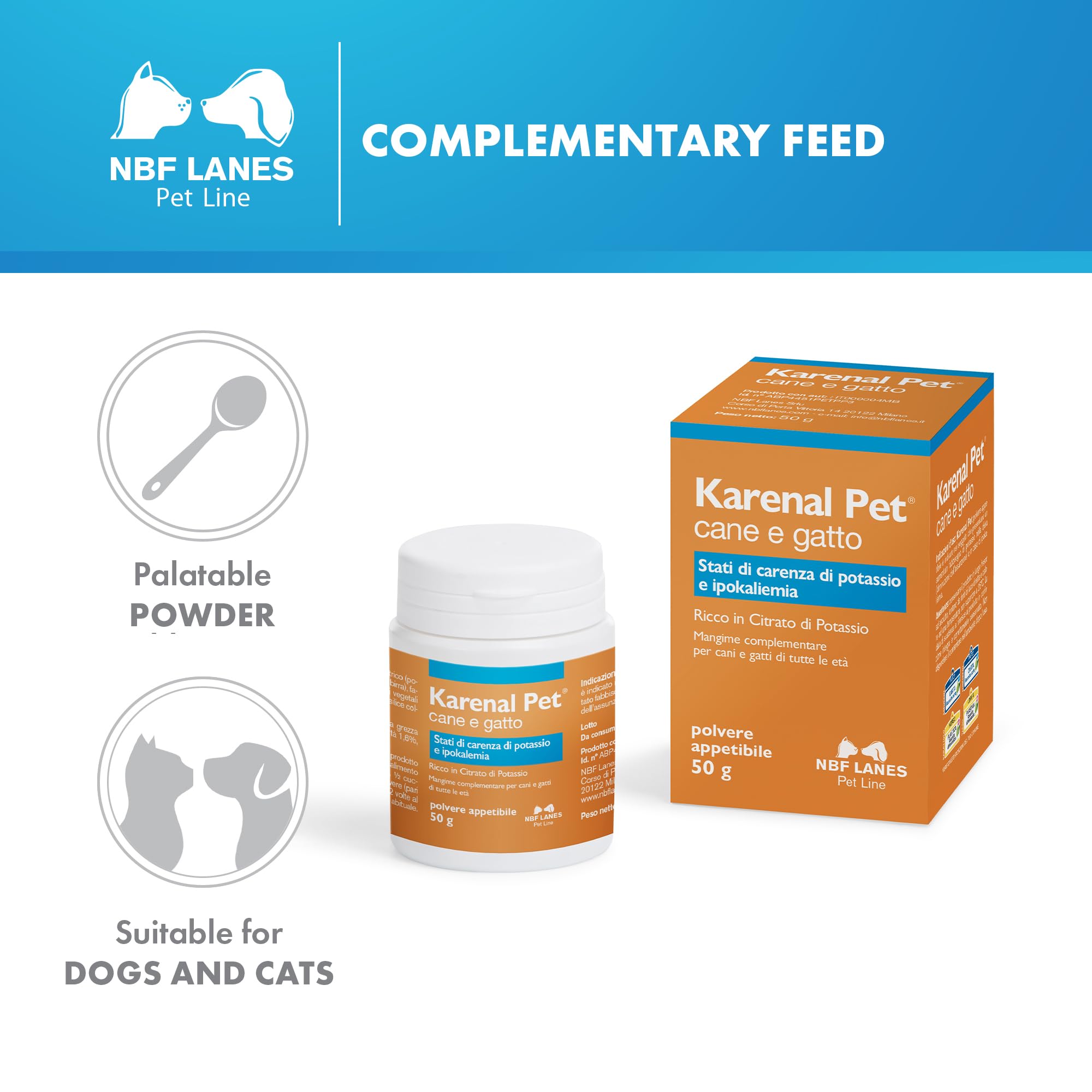 NBF Lanes | Karenal Pet Perro y Gato, Polvo apetecible 50 g, para los Estados de Deficiencia de Potasio e Hipopotasemia