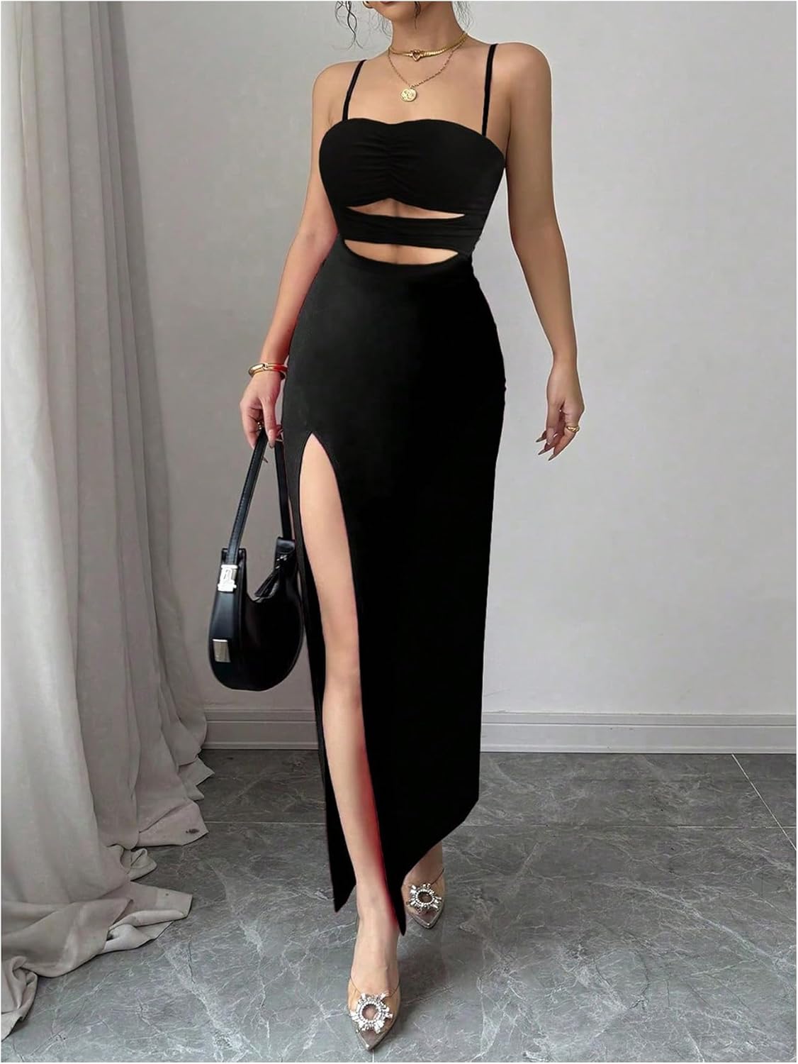 Milumia Women's Sexy Cut Out Spaghetti Strap Dress High Slit Bodycon Party Dresses - Image 2