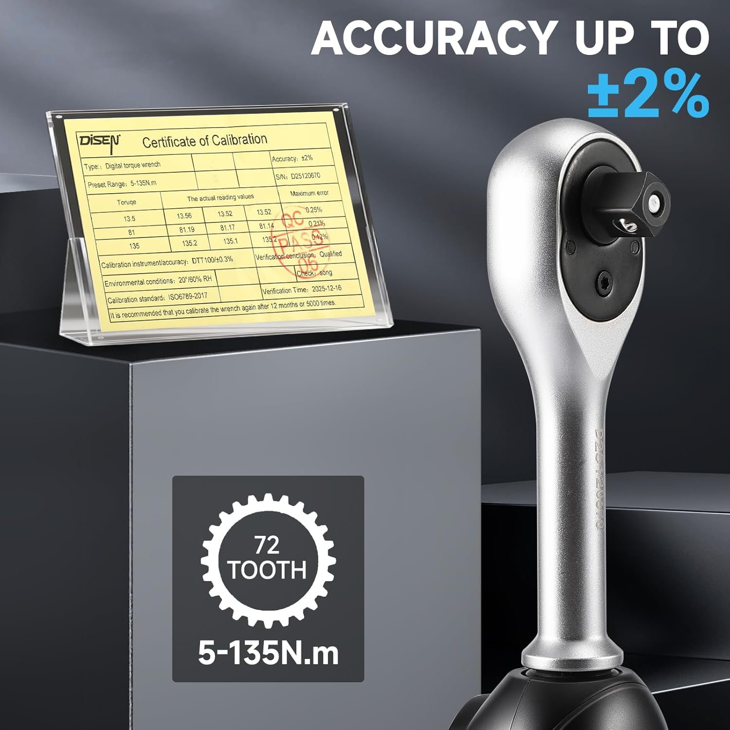 DISEN 3/8 inch Digital Torque Wrench (5-135 N.m / 3.7-99.6 Ft.lb), ±2% Accuracy, 8 Presets & 500 Data Memory, 5 Units, LED & Buzzer Alert, Tracking/Peak Modes, for Automotive Motorcycle Bicycle DIY