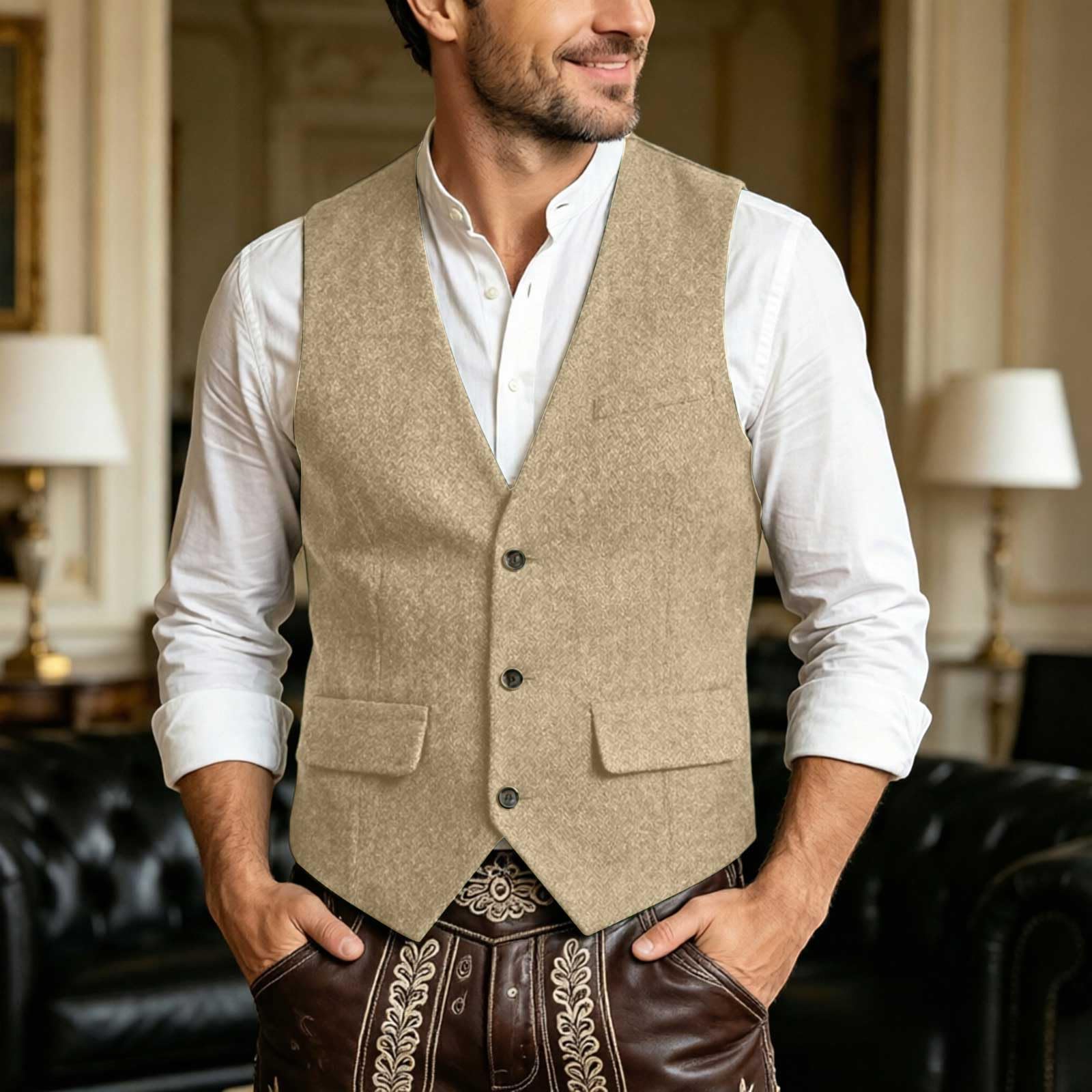 Plus Size Waistcoat Mens Single Breasted Casual Big Tall Beer Festival, c-Beige - Image 3