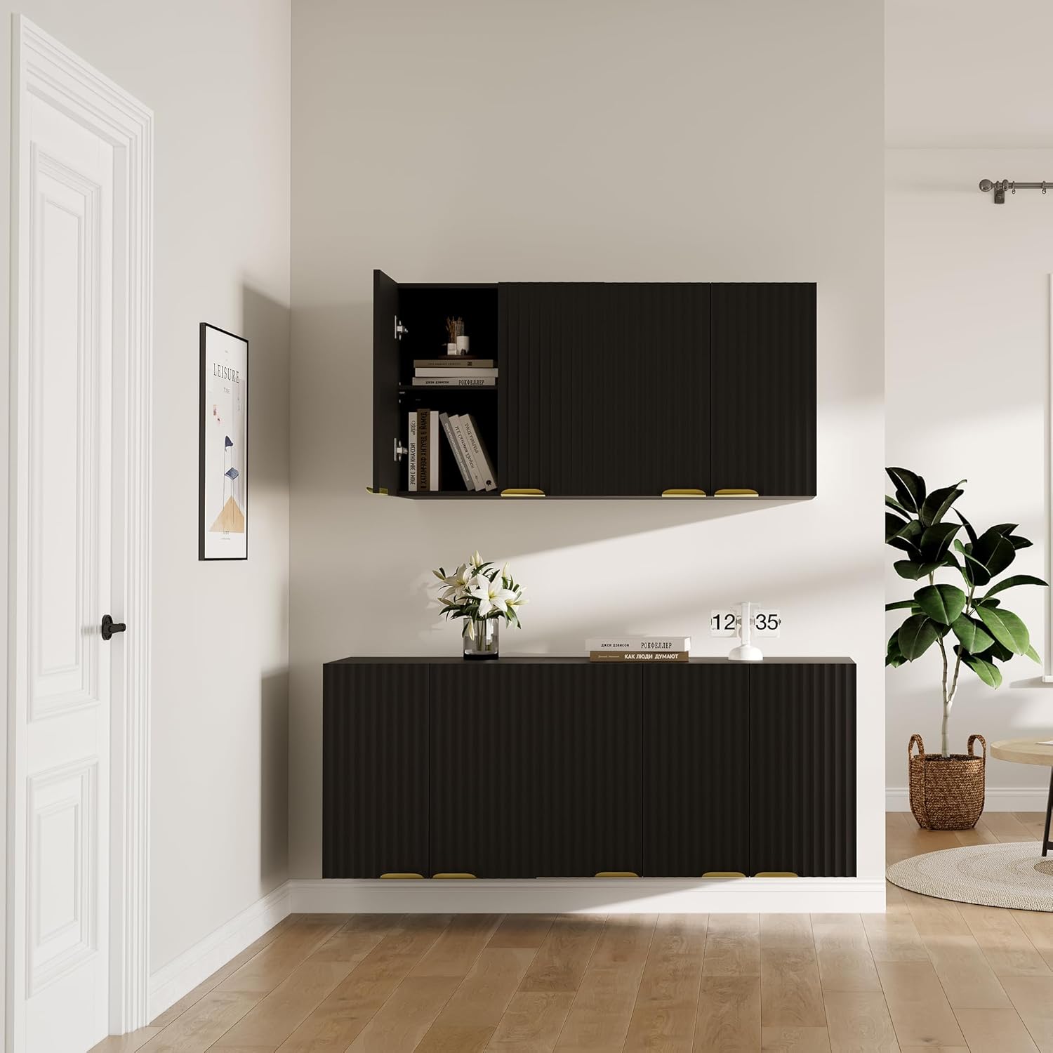 ChooChoo Bathroom Wall Cabinet, Kitchen Storage Cupboard Cabinet with 2 Doors, Fluted Laundry Room Cabinet for Bathroom, Kitchen, Garage, Black