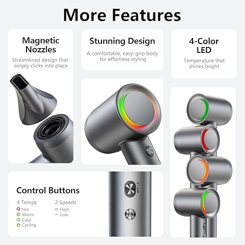 Miniatura 5 de Secador de pelo, secado rápido de 1 minuto, secador de pelo de alta velocidad con 500 millones de iones negativos, sin daños por calor, bajo ruido,